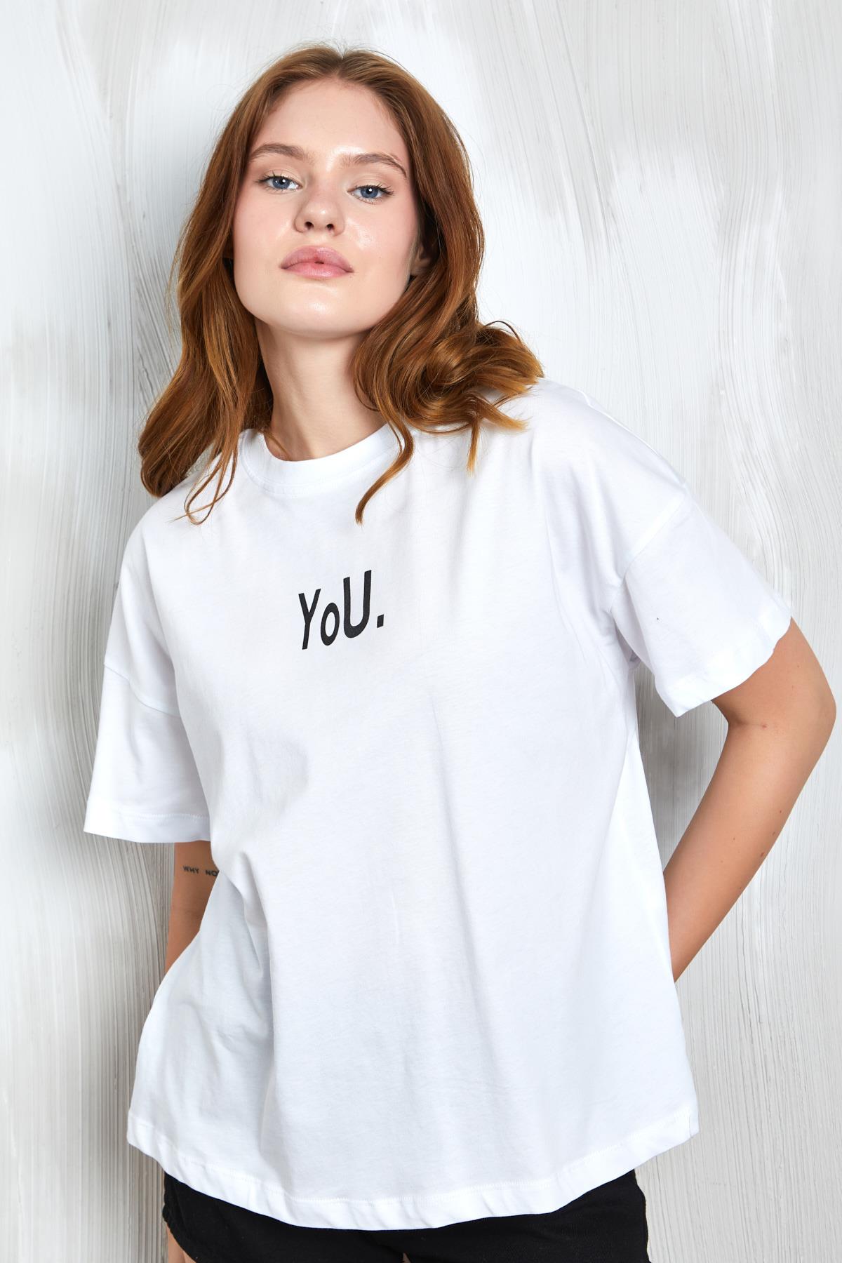 Beyaz Baskılı Oversize T-shirt 27337