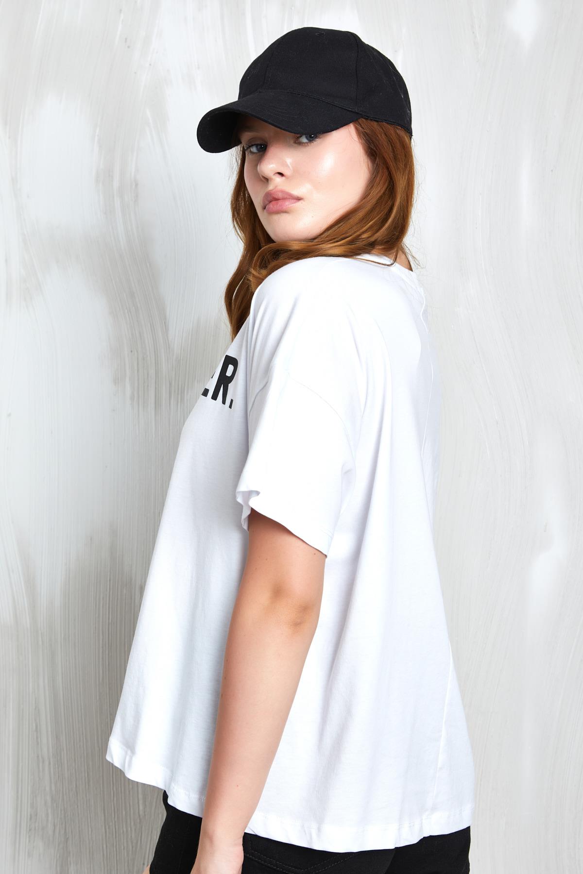 Beyaz Baskılı Oversize T-shirt 27338