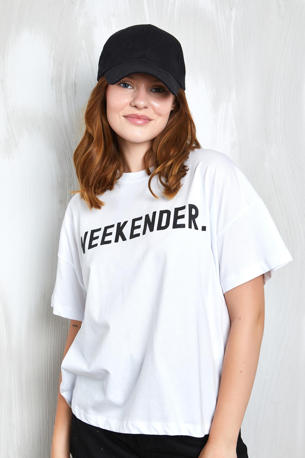 Beyaz Baskılı Oversize T-shirt 27338