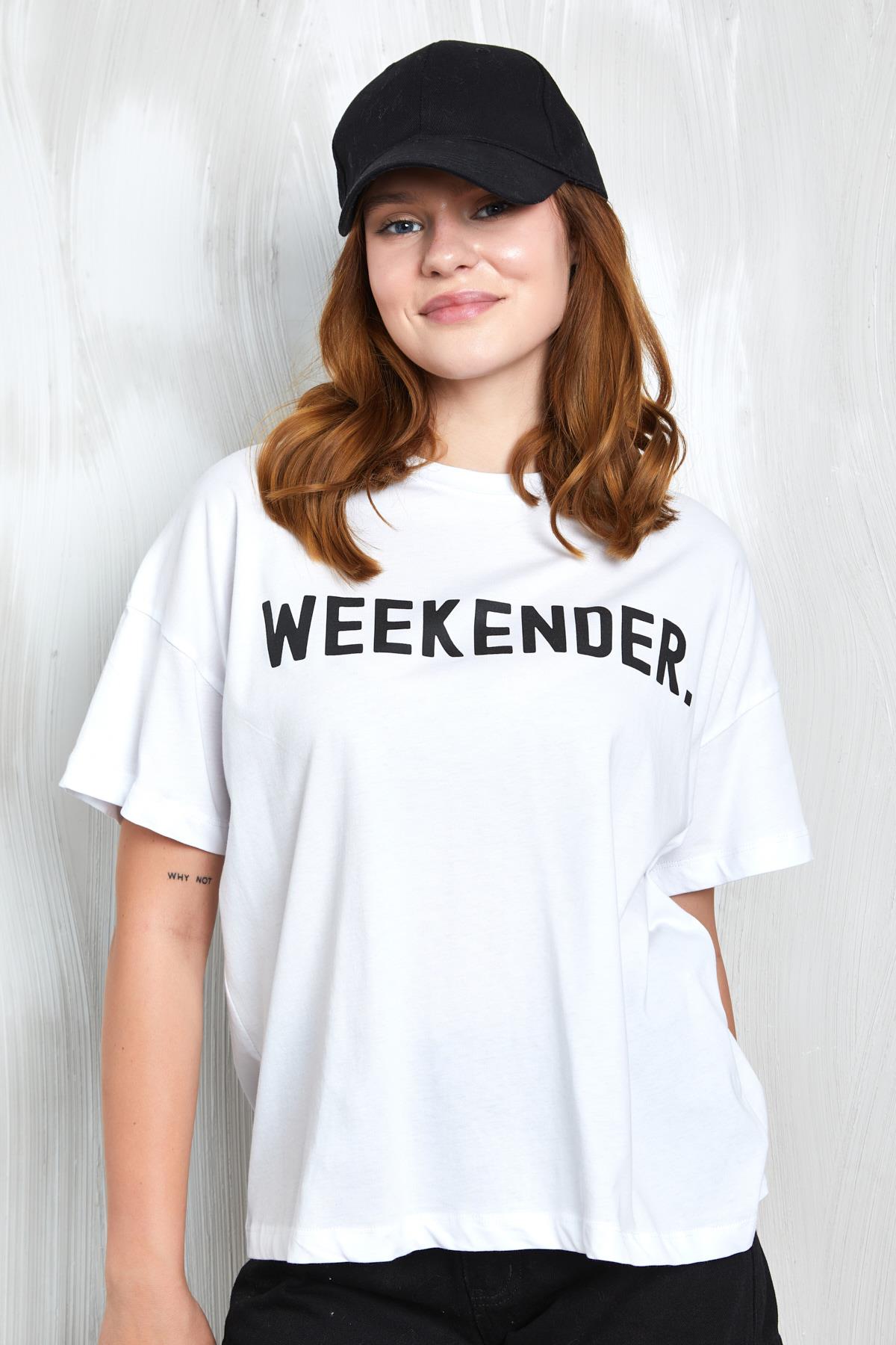Beyaz Baskılı Oversize T-shirt 27338