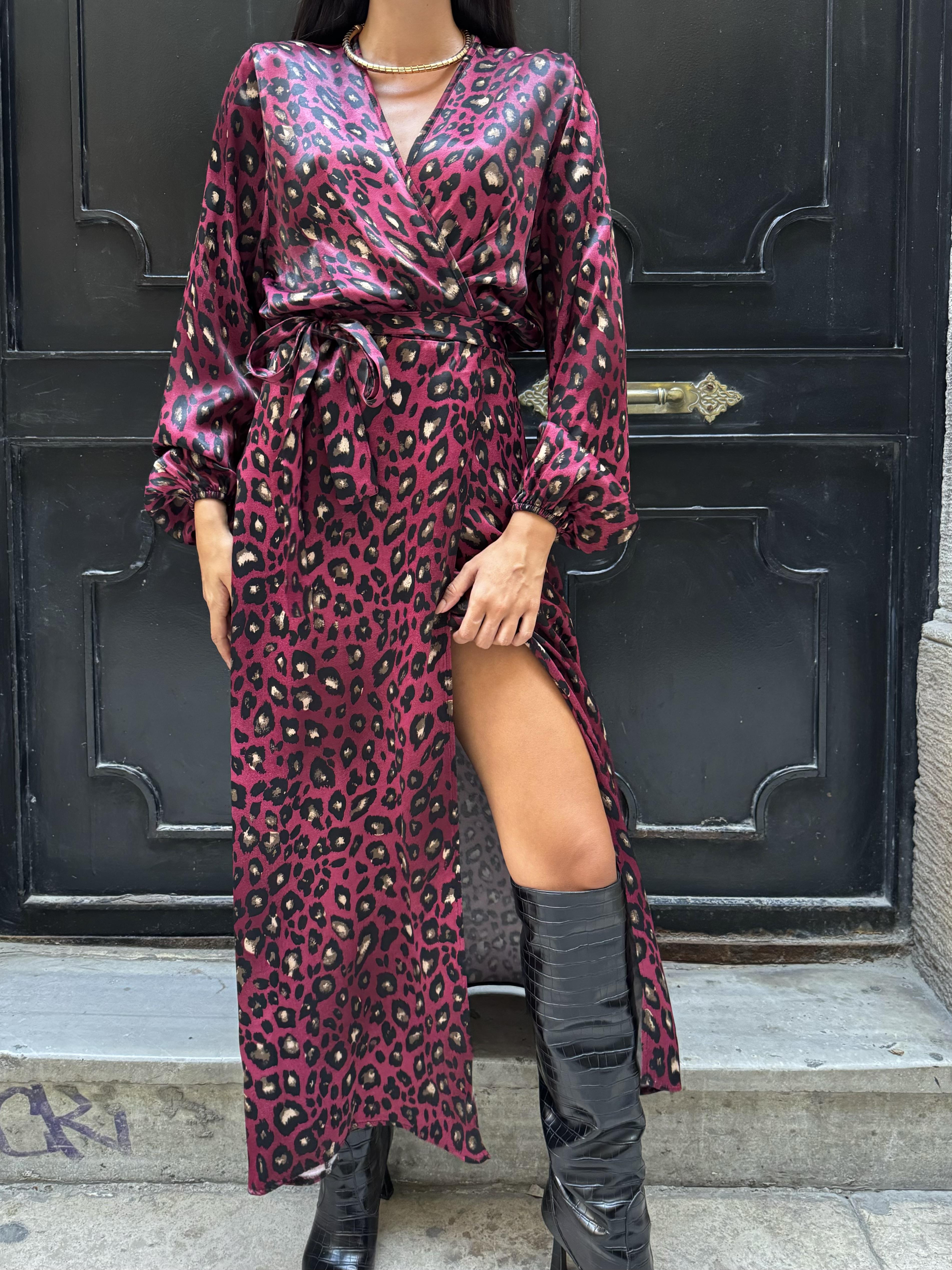 Bordo Floş Viskon Leoparlı Elbise