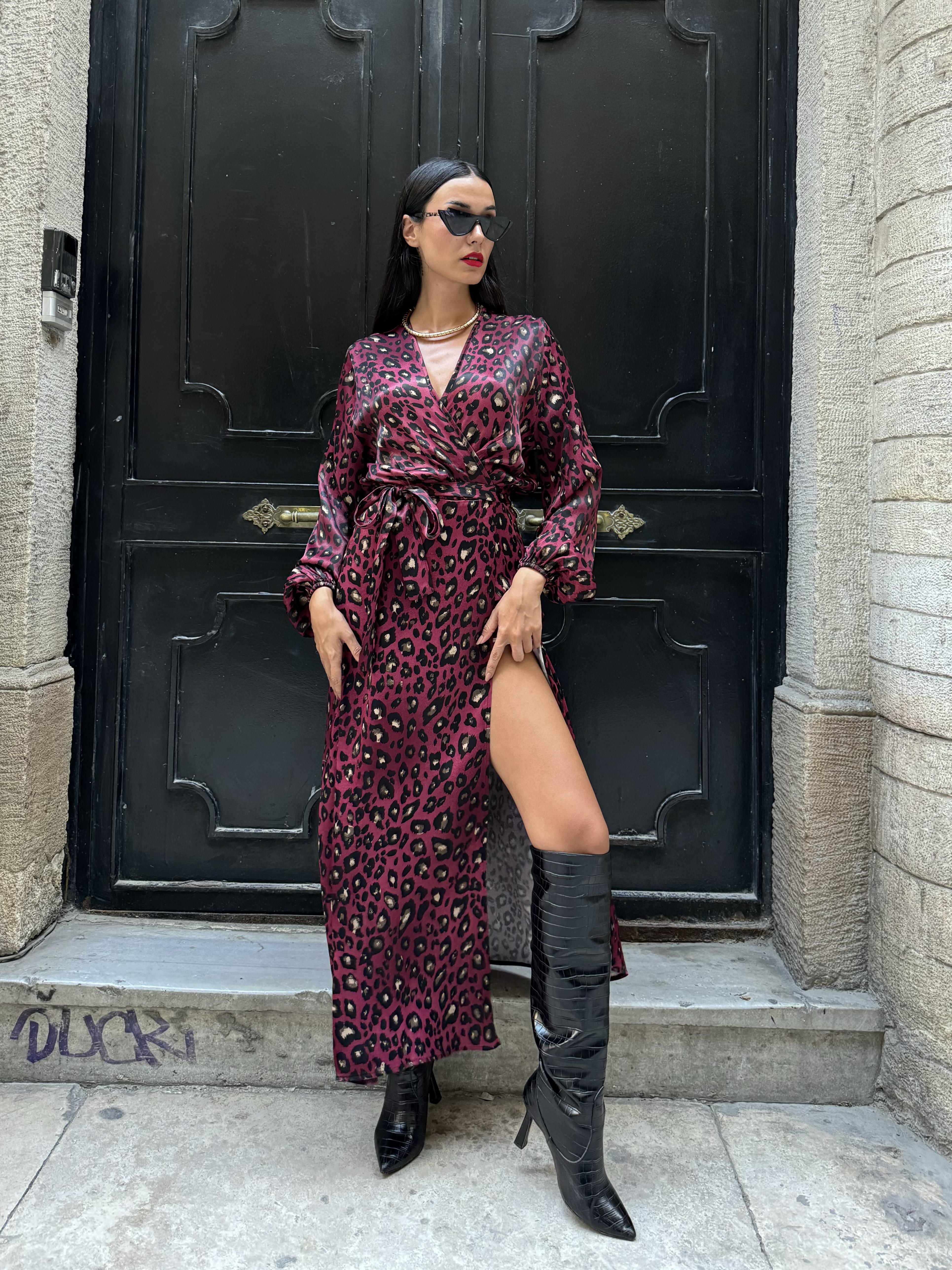 Bordo Floş Viskon Leoparlı Elbise