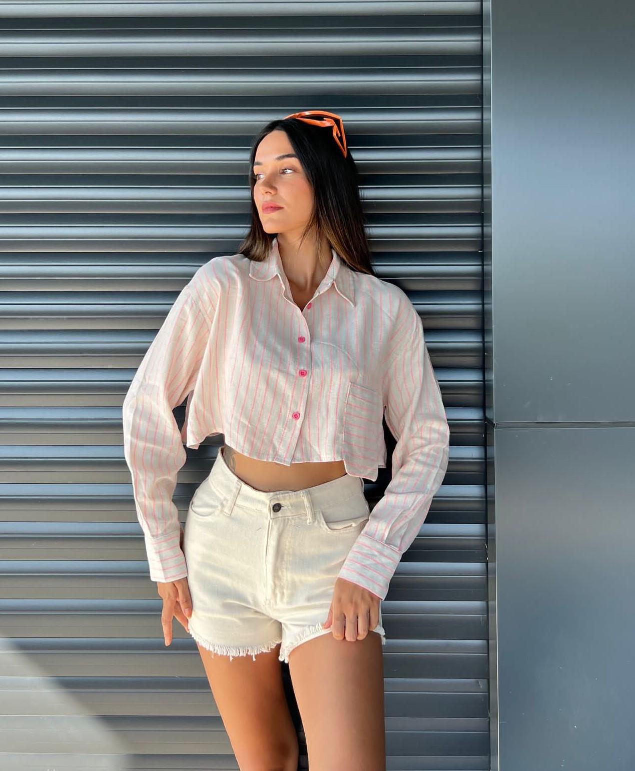 Fuşya Keten Neon Çizgili Crop Gömlek 25417 Fuşya Keten Neon Çizgili Crop Gömlek 25417