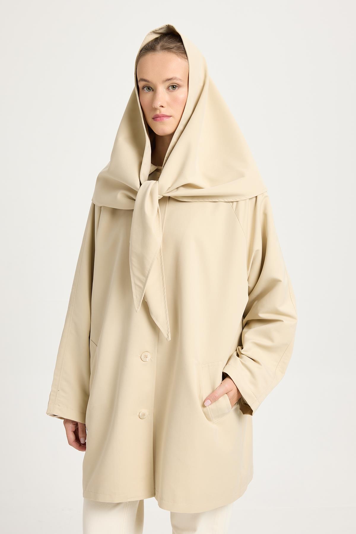 Kadın Bej Oversize Seyyar Yakalı Astarlı Tasarım trençkot 30009