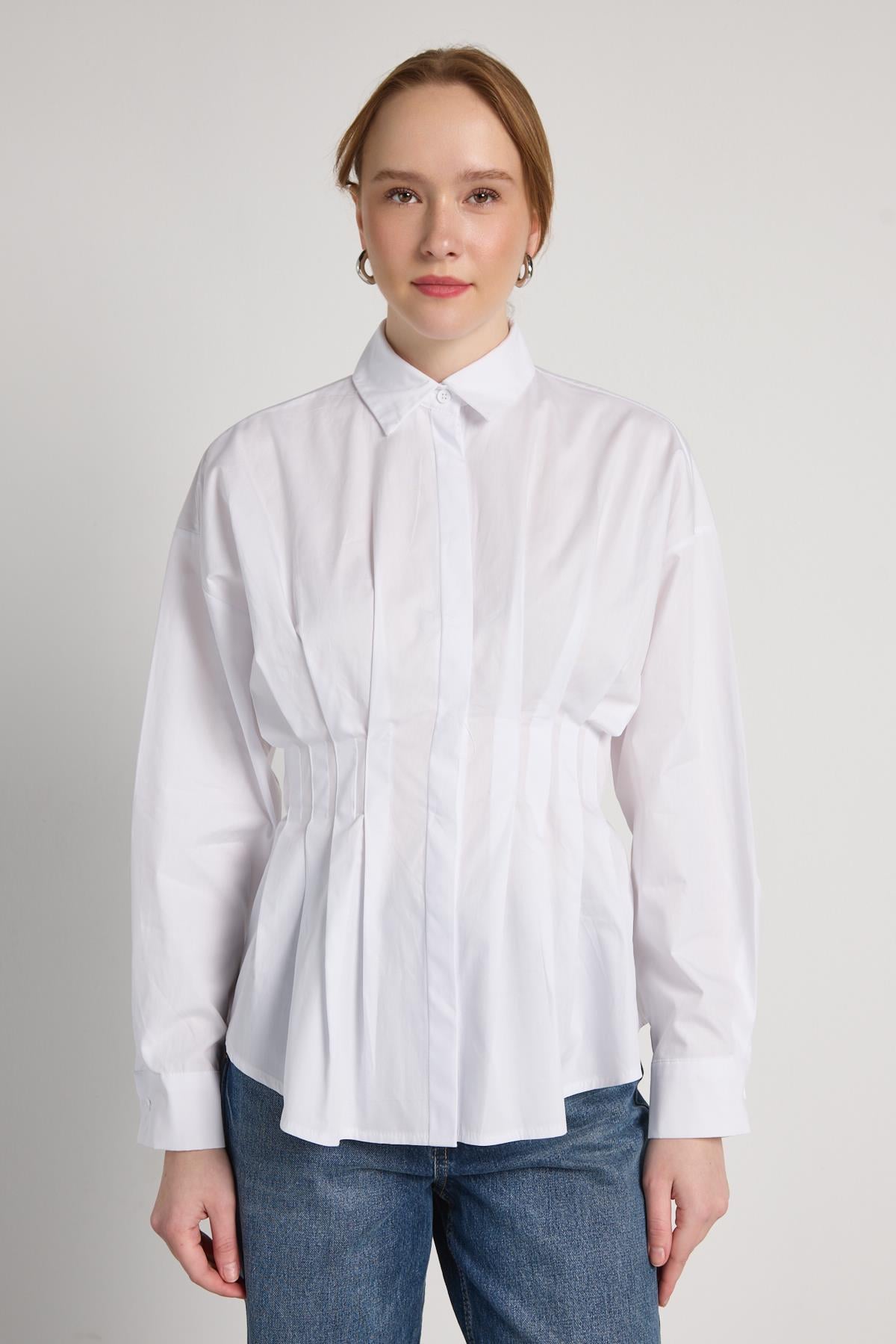 Kadın Beyaz .bel Detaylı Klasik Gömlek 31002