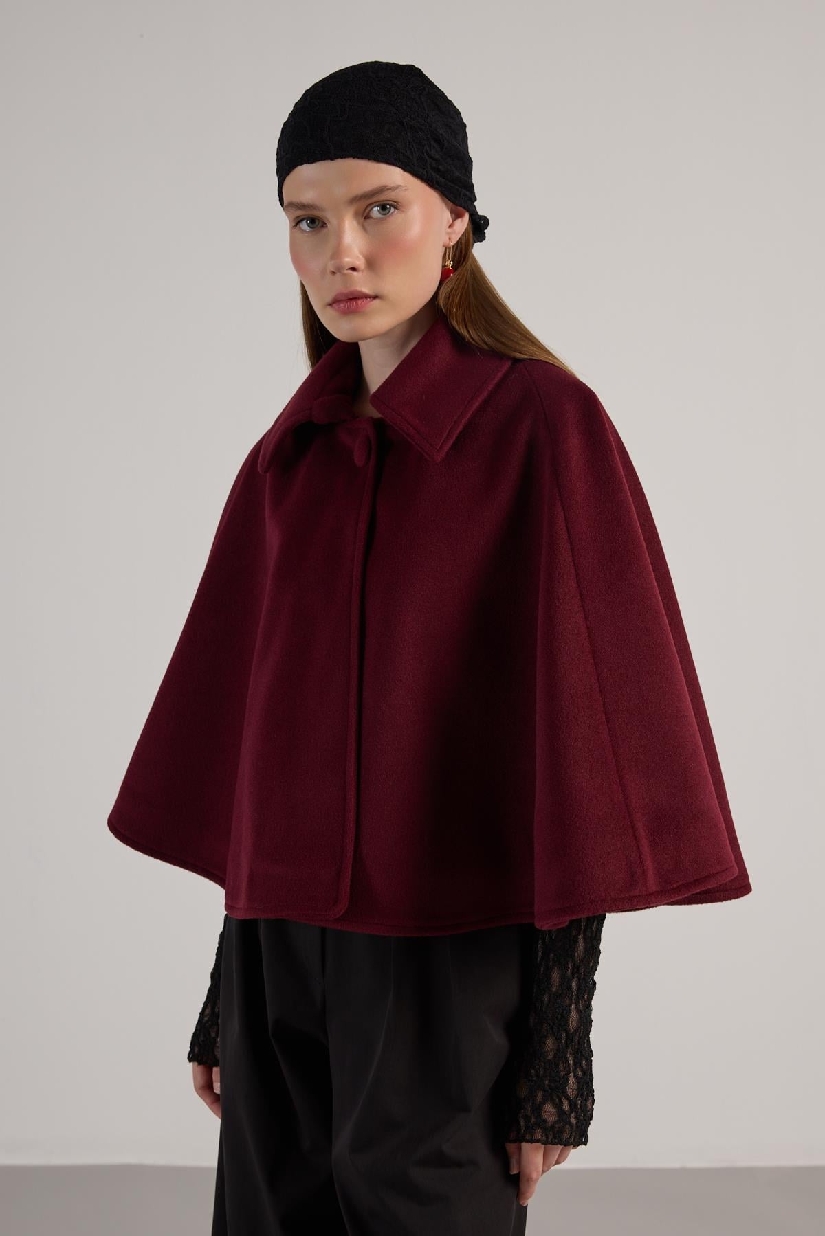 Kadın Bordo Astarlı Kaşe Panço 30048