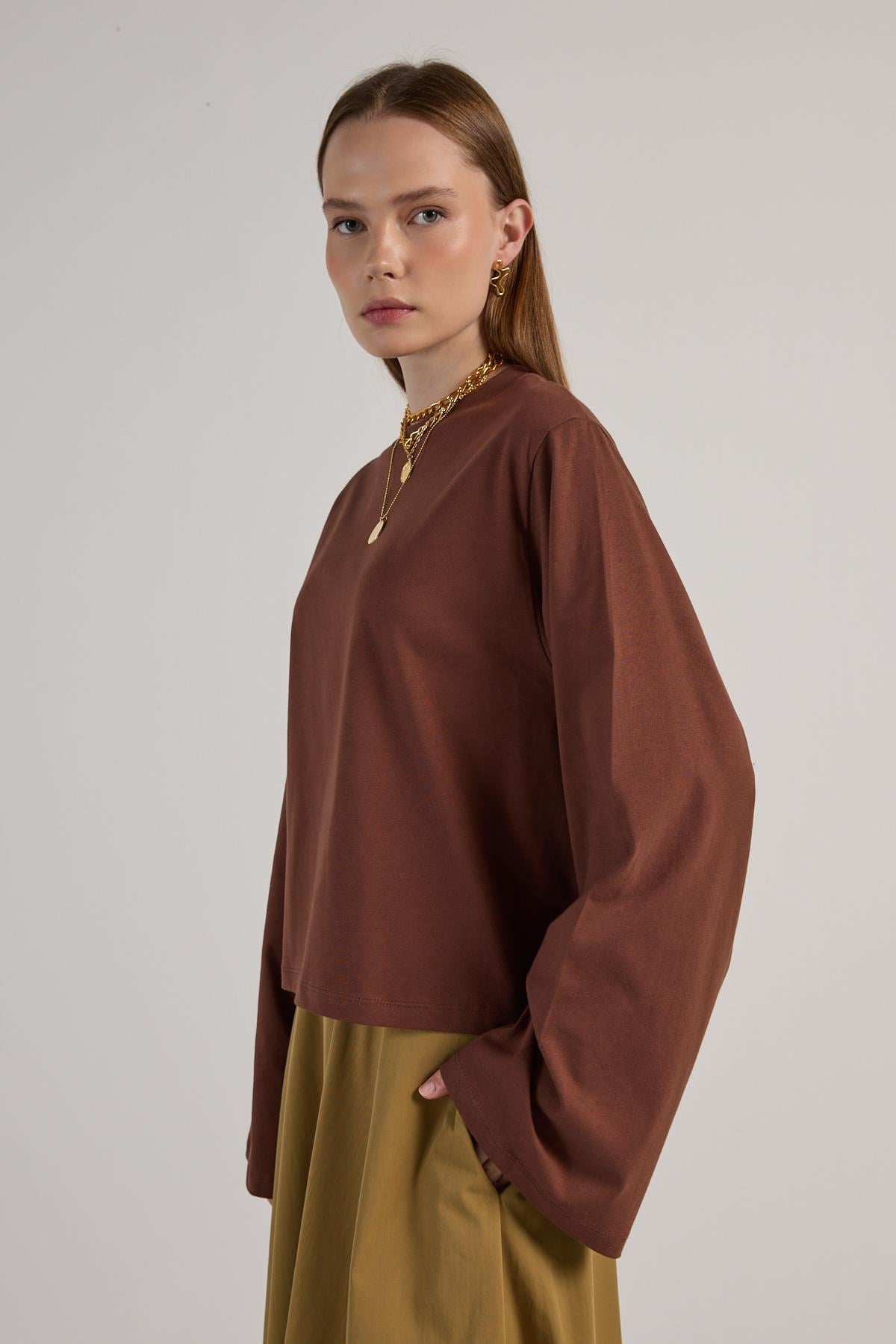 Kadın Bordo Geniş Kol Oversize Kısa Basic T-shirt 30059
