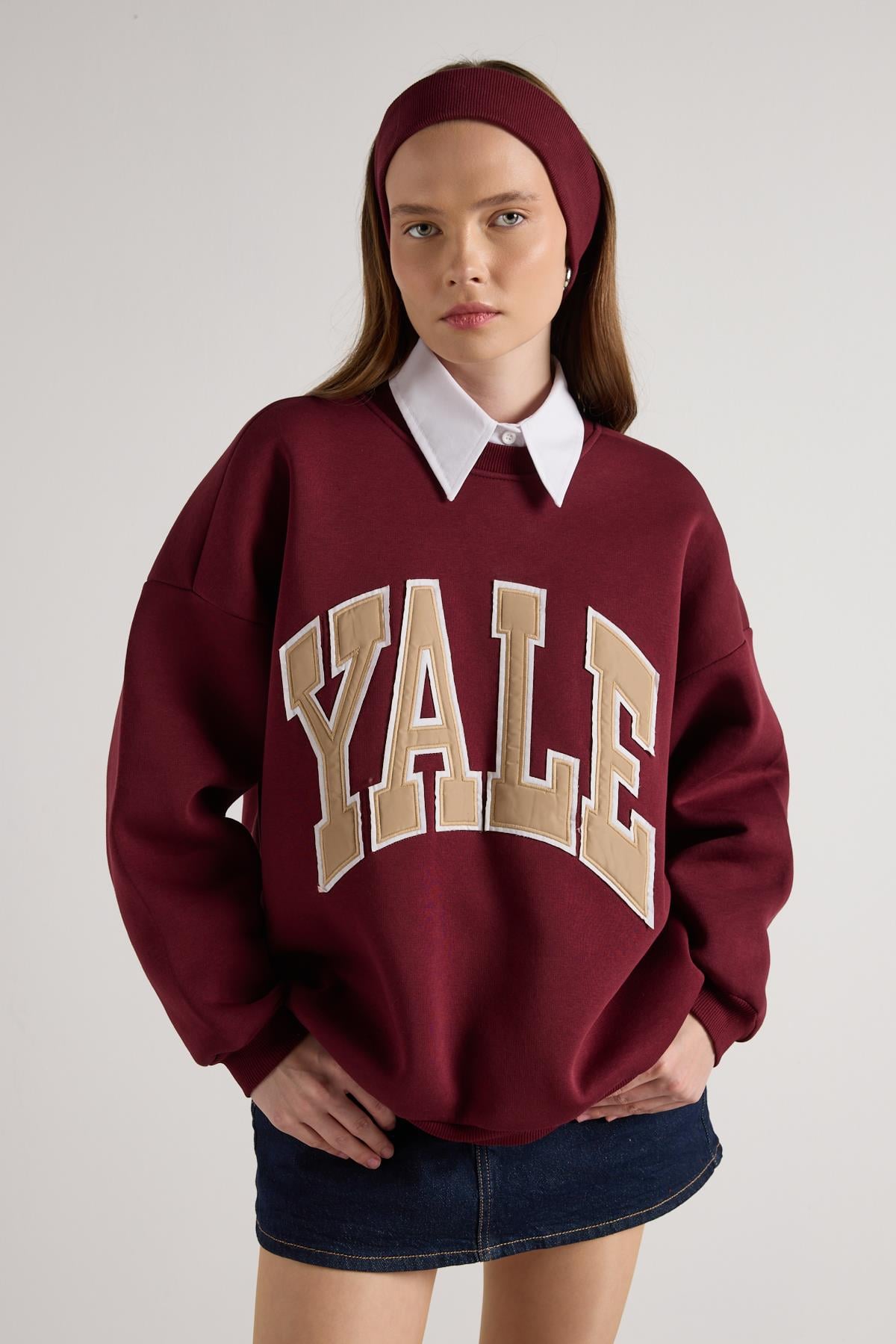 Kadın Bordo Nakışlı Şardonlu  Oversize Sweatshirt 30080