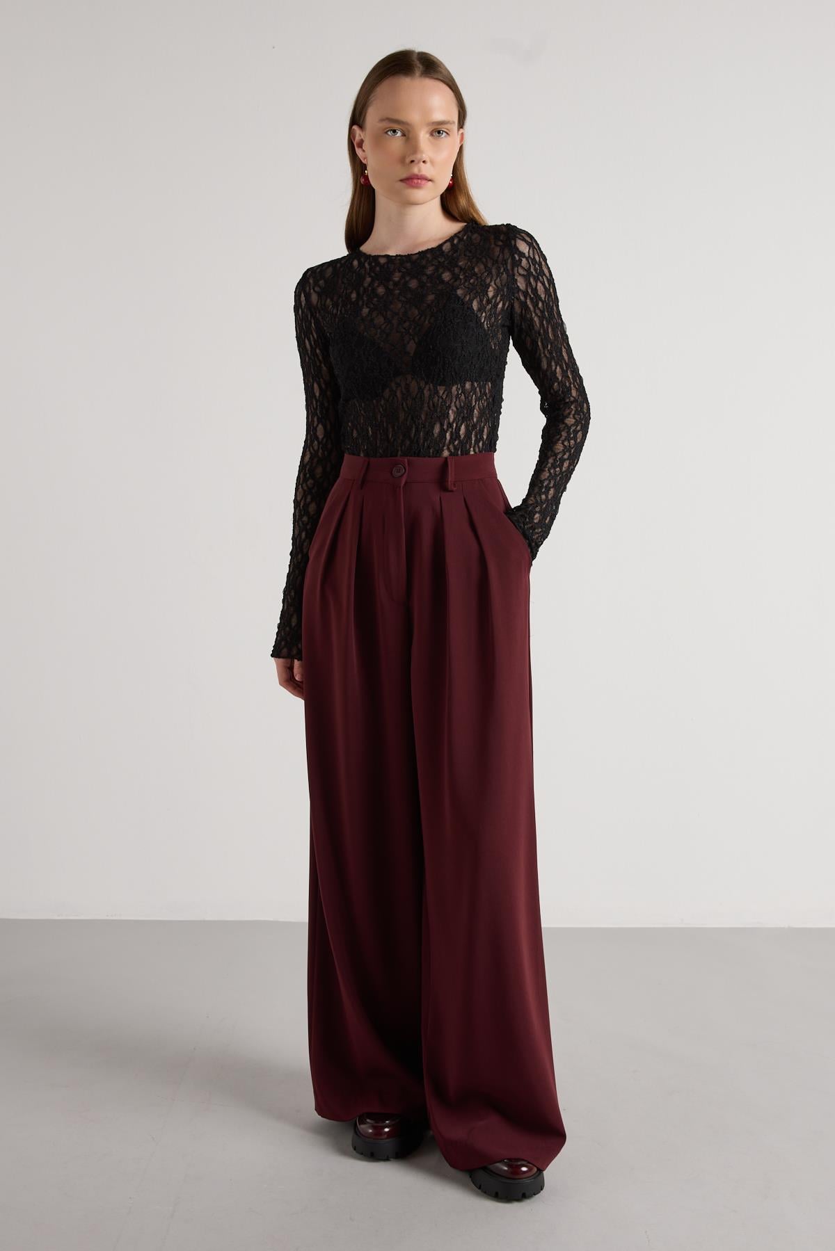 Kadın Bordo Pileli Palazzo Pantolon 30068