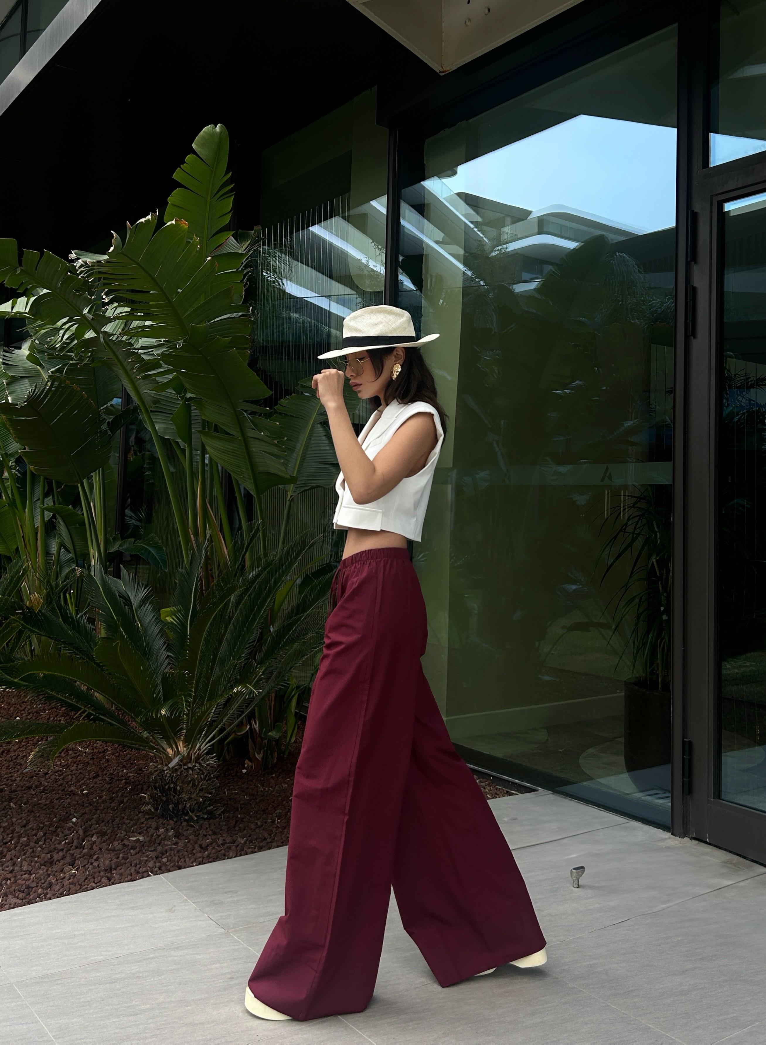 Kadın Bordo Poplin Kumaş Beli Lastikli Cepli Pantolon 29083