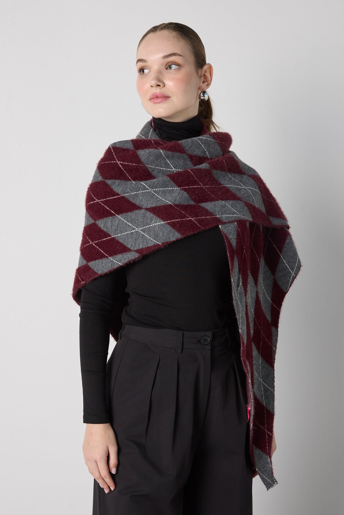 Kadın Bordo Sakallı Ekose Panço/Şal 32046