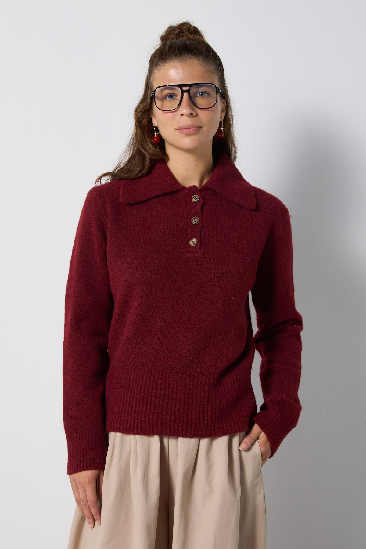 Kadın Bordo Şardonlu Polo Yaka Triko Kazak 7019