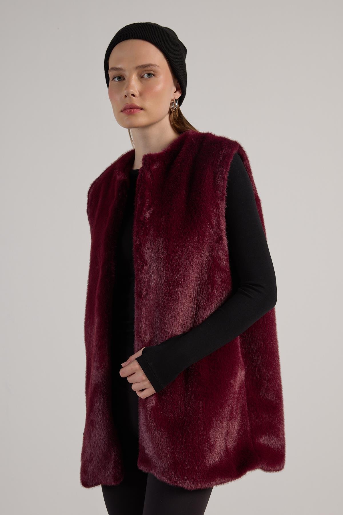 Kadın Bordo Uzun Astarlı Kürk Yelek 30072