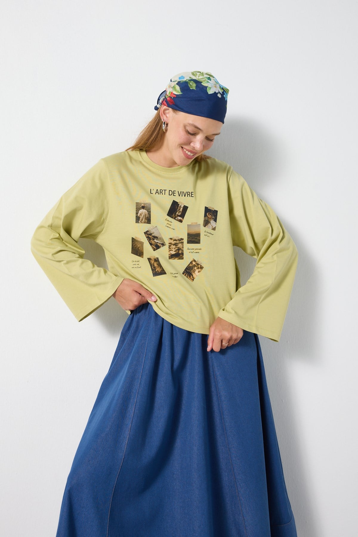 Kadın Çağla Yeşili Geniş Kol Oversize Baskılı Tshirt 31213