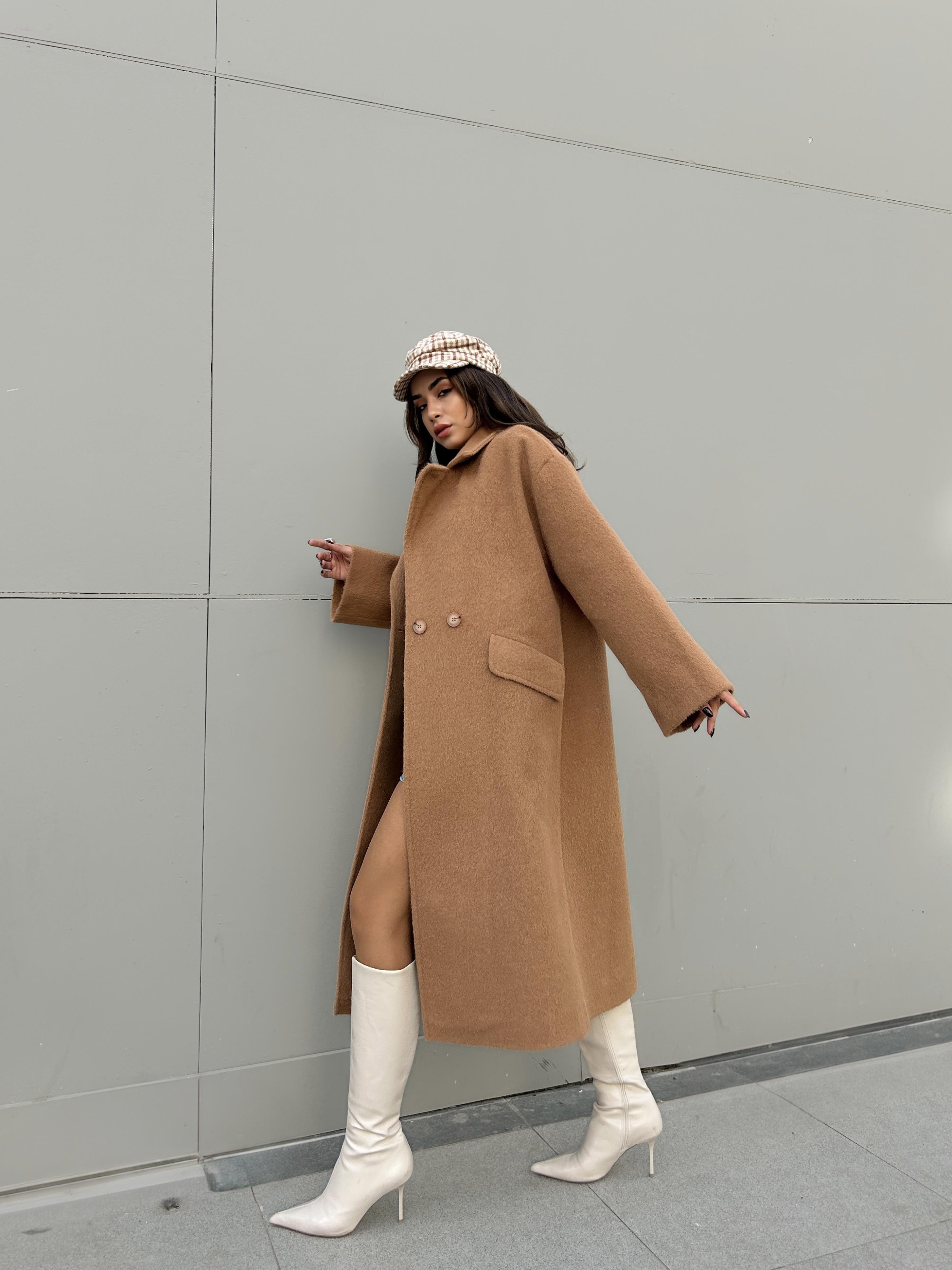 Kadın Camel Astarlı Uzun Oversize Kaşe Kaban 30110