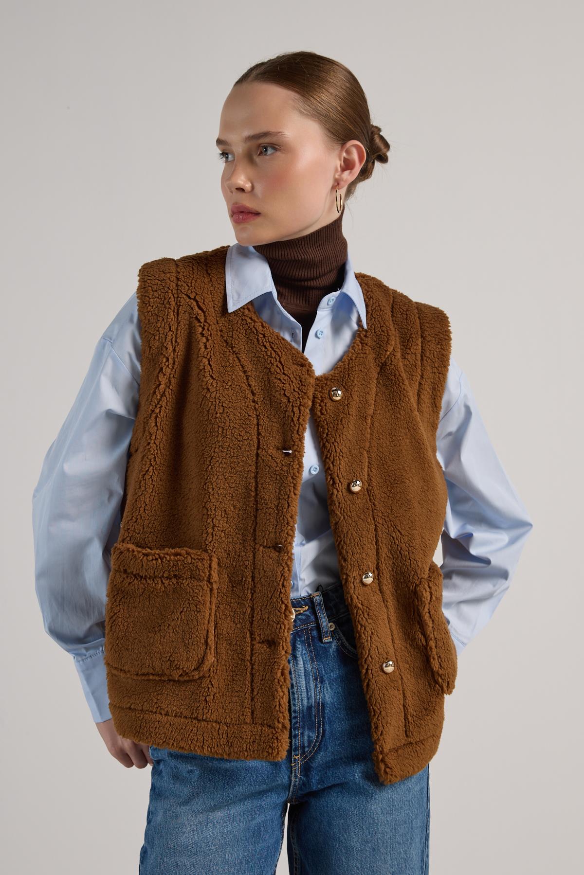 Kadın Camel Peluş Yelek 30049