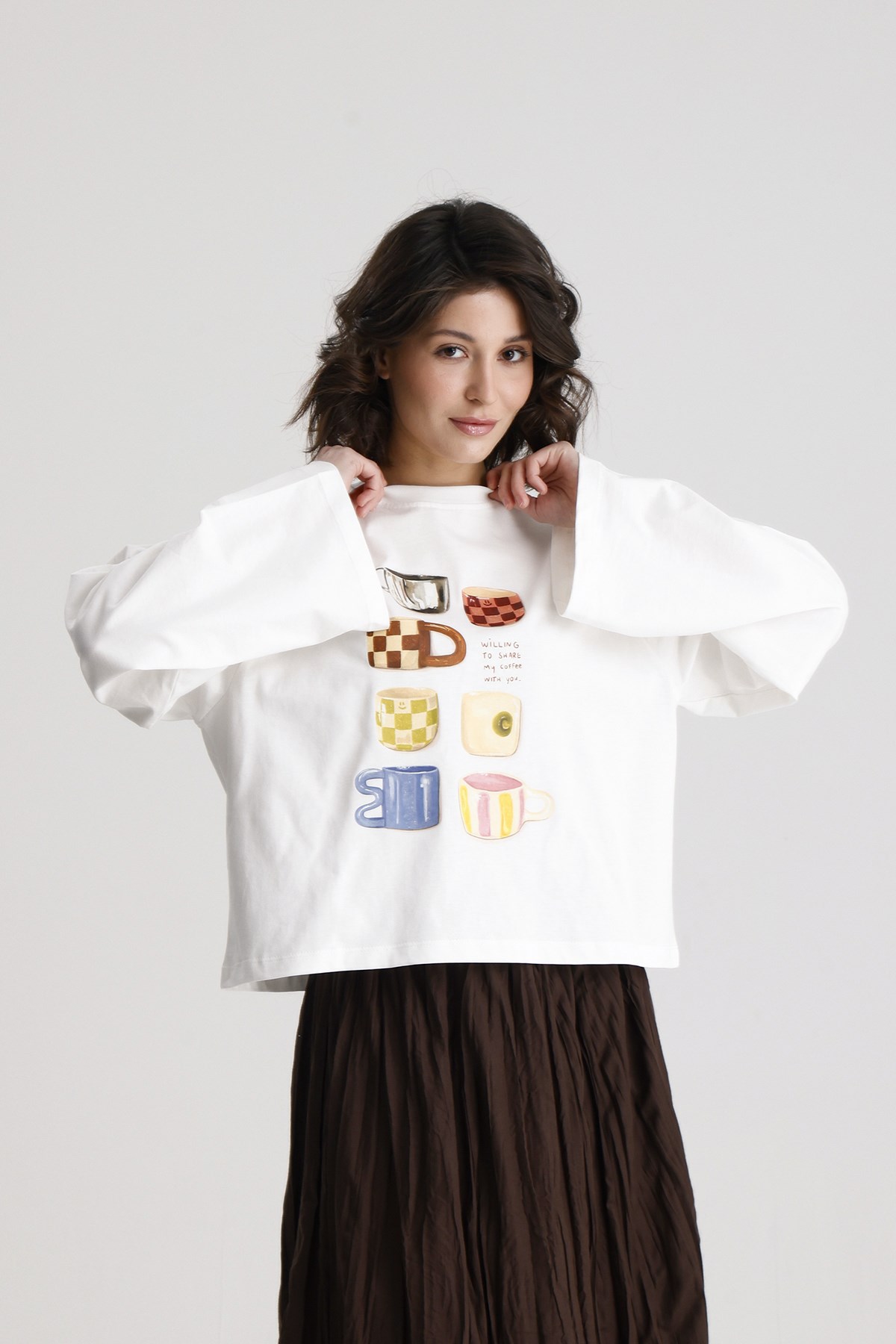 Kadın Ekru Geniş Kol Oversize Baskılı t-shirt 31101