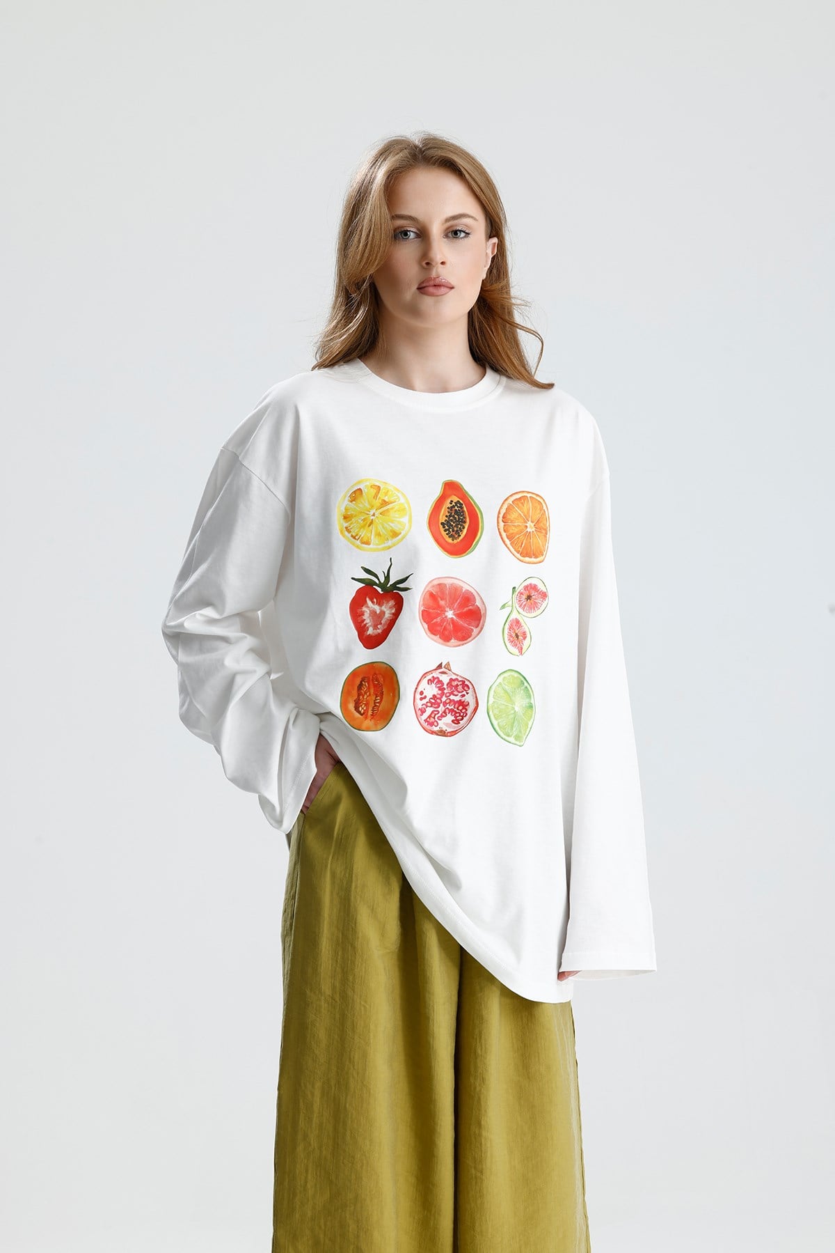 Kadın Ekru Oversize Baskılı Pamuk T-shirt 31145