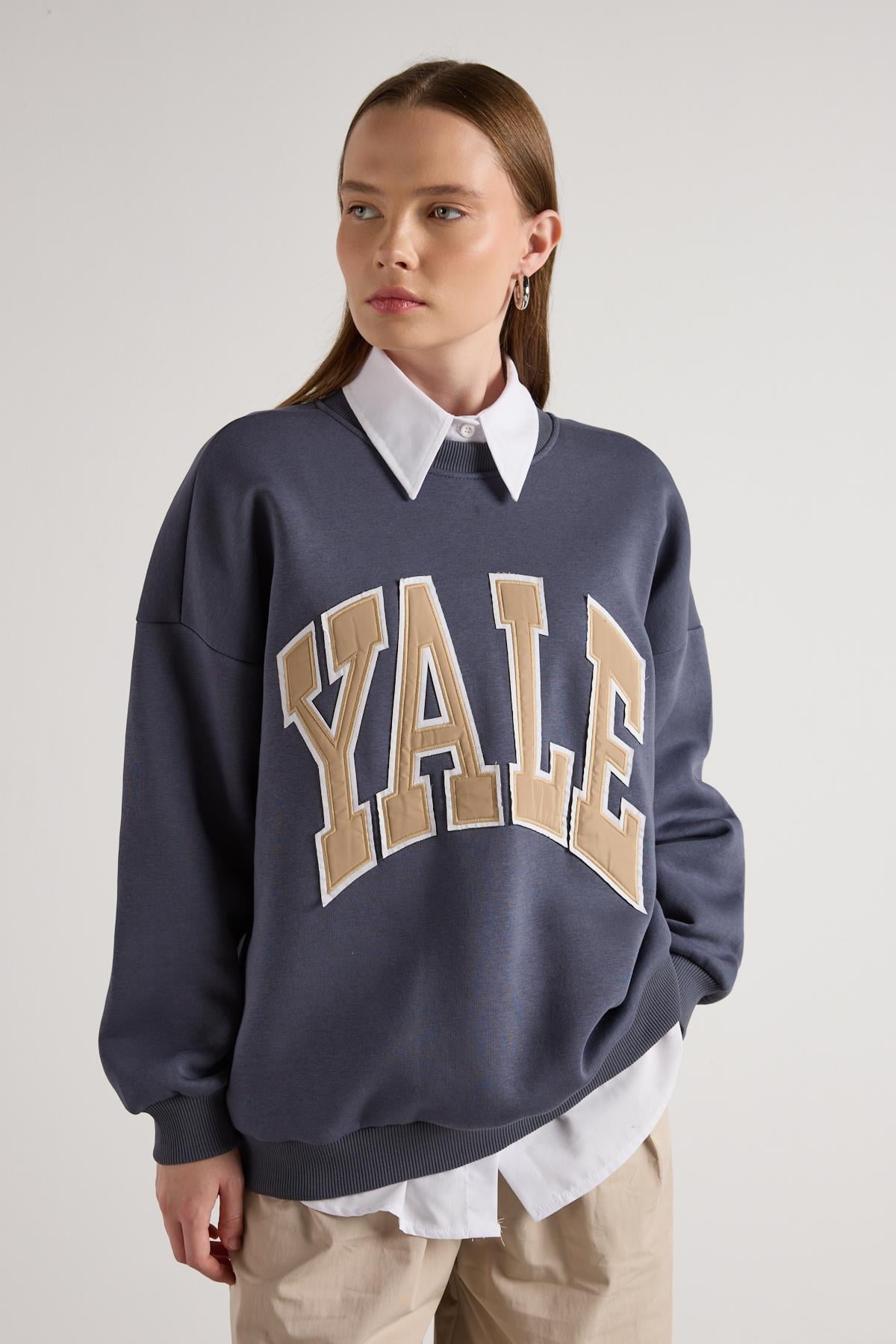 Kadın Füme Nakışlı Şardonlu  Oversize Sweatshirt 30080