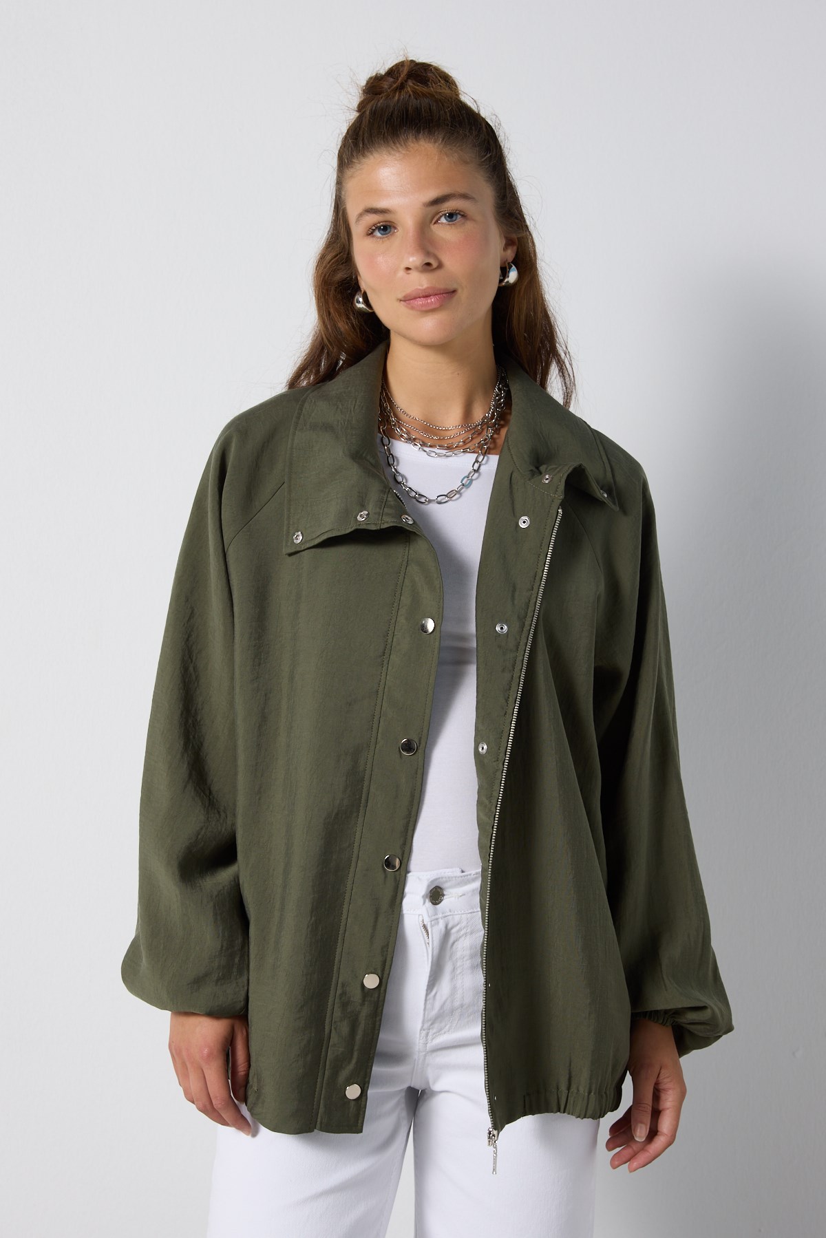 Kadın Haki Dik Yaka Oversize Modal Astarlı Trençkot 32006