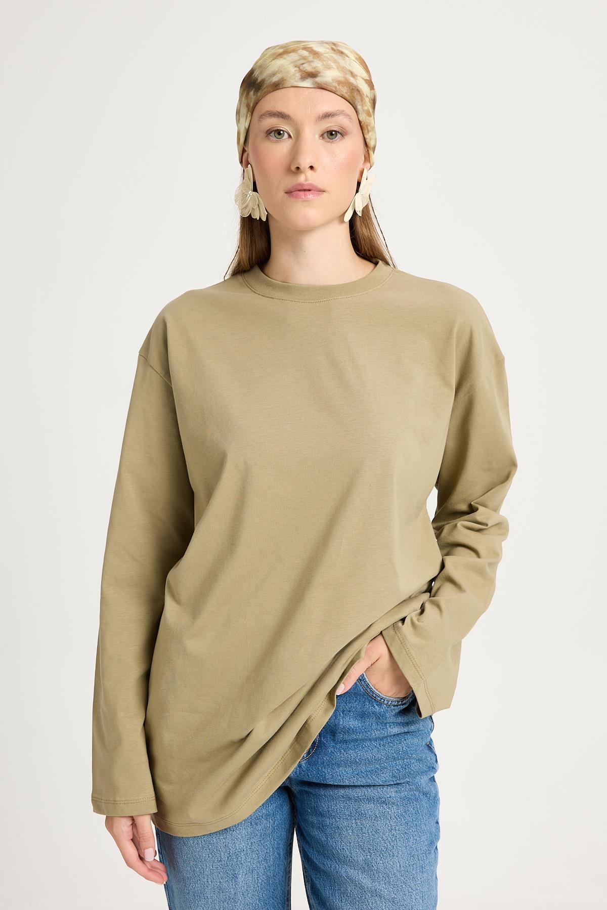 Kadın Haki Geniş Kol Oversize Basic T-shirt