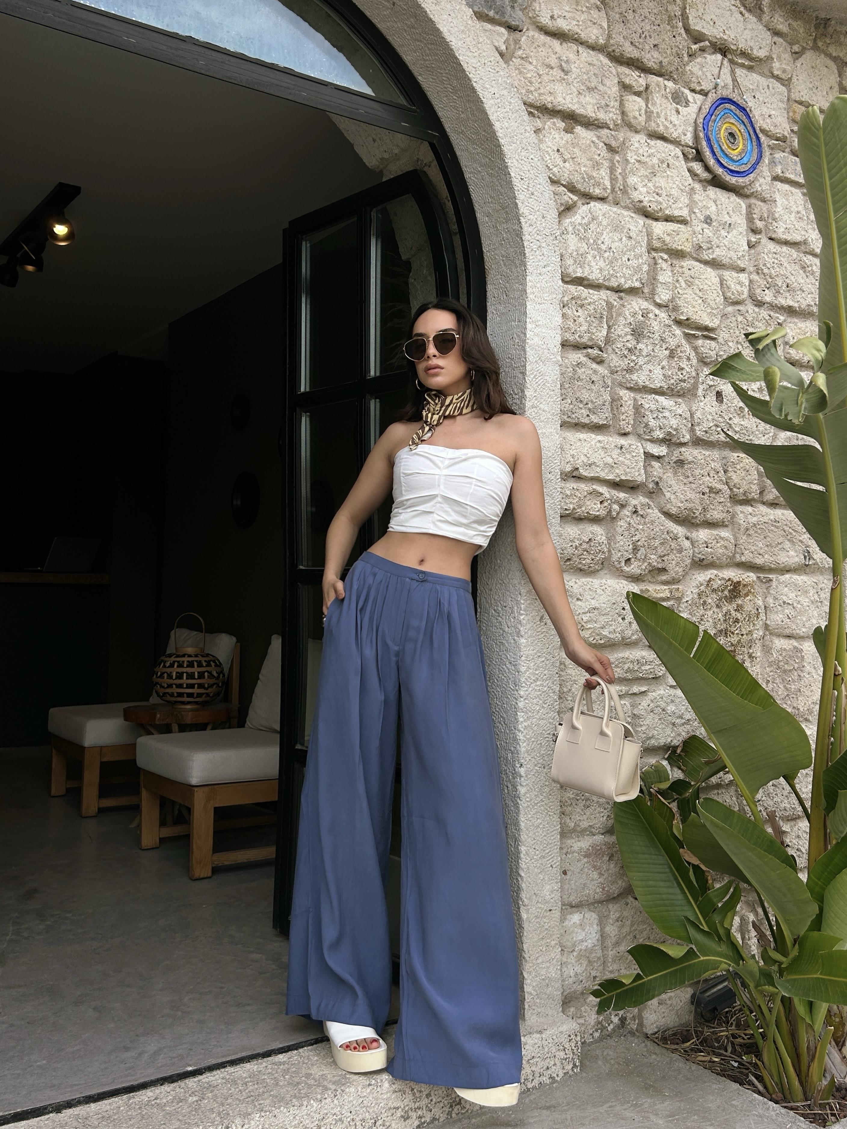 Chıloe Modal Pileli Düşük Bel Pantolon İndigo Chıloe Modal Pileli Düşük Bel Pantolon İndigo