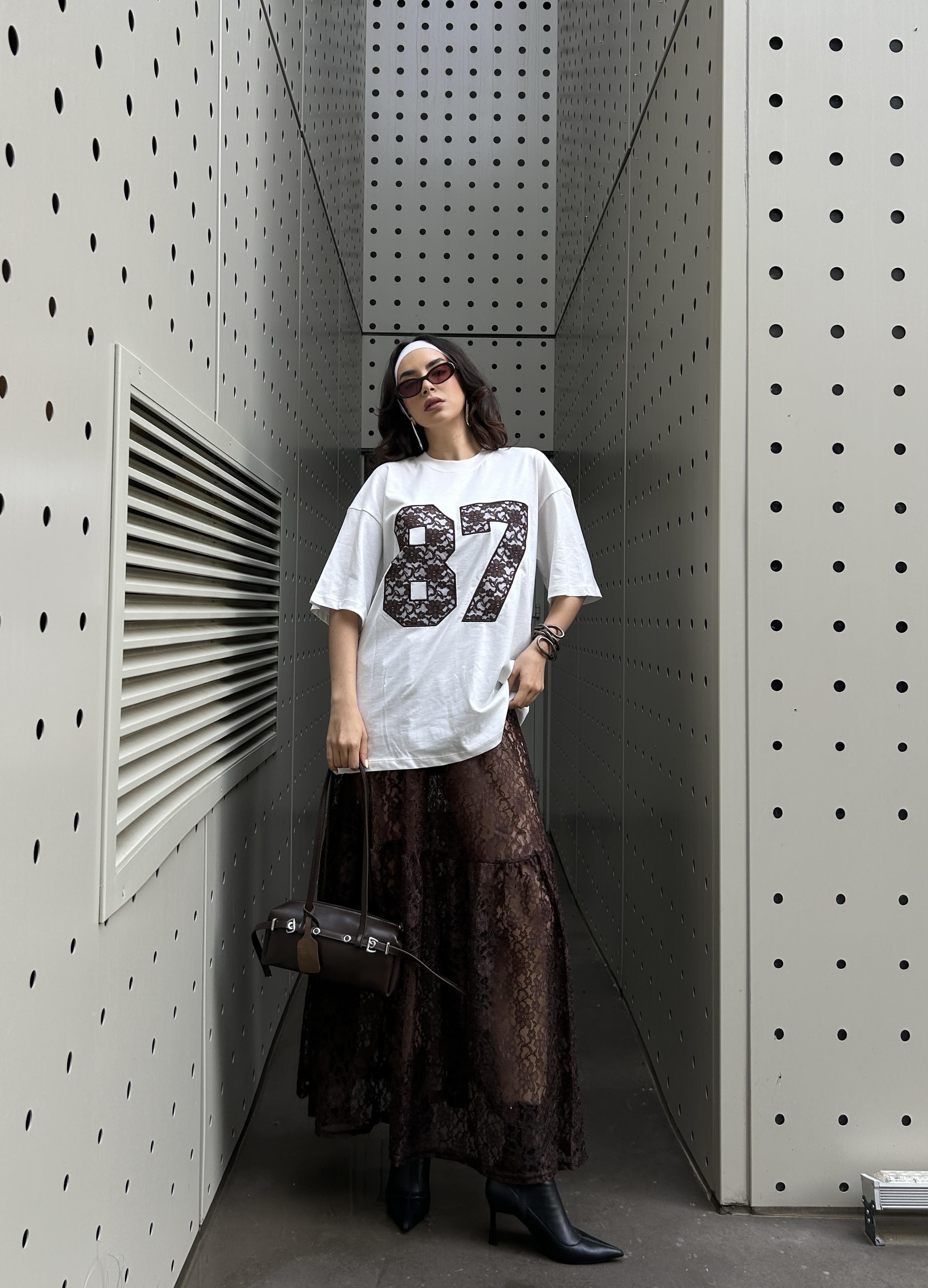 Kadın Kahve Astarsız Dantel Etek 29056