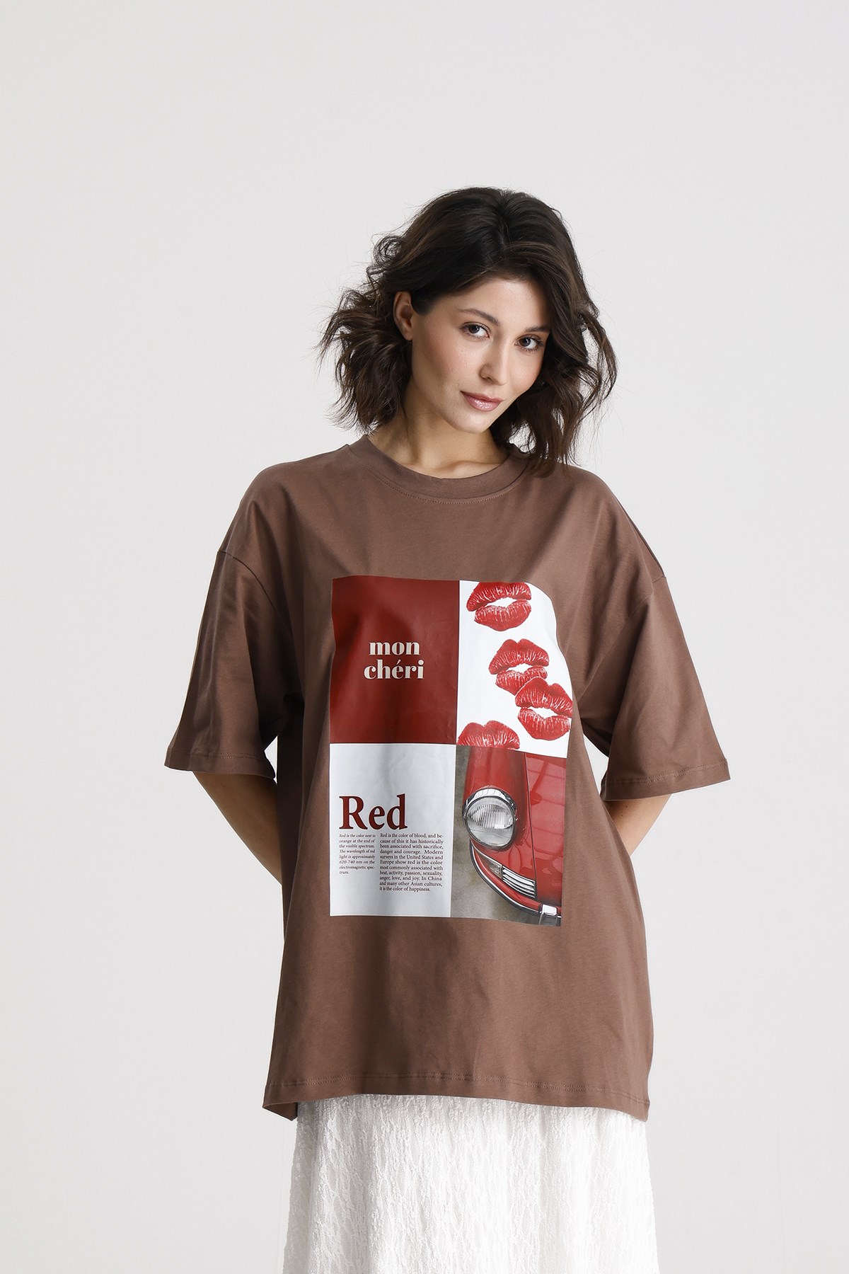 Kadın Kahve OversizeBaskılı Pamuk Kısa Kol t-shirt 31103