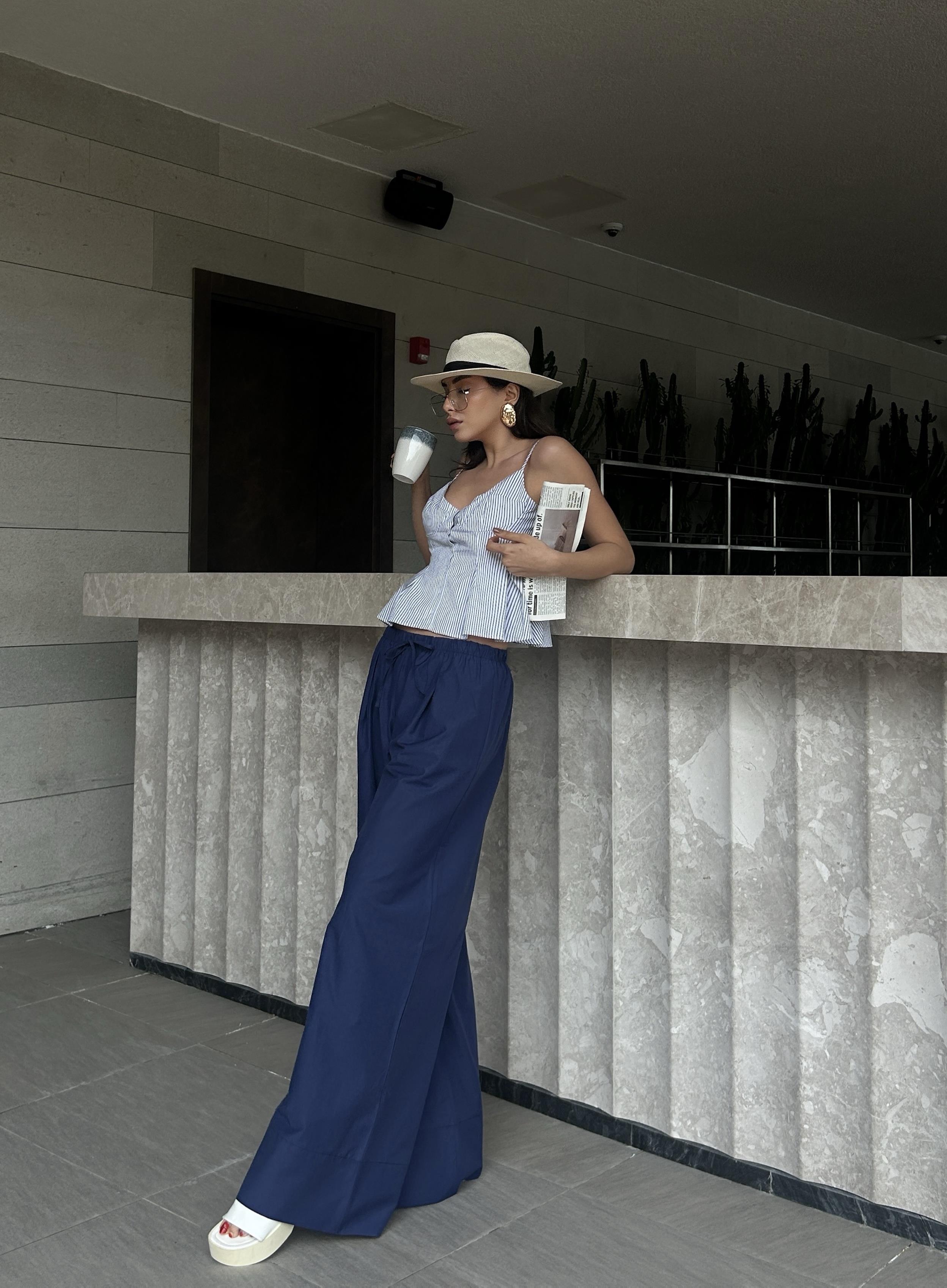 Kadın Lacivert Poplin Kumaş Beli Lastikli Cepli Pantolon 29083