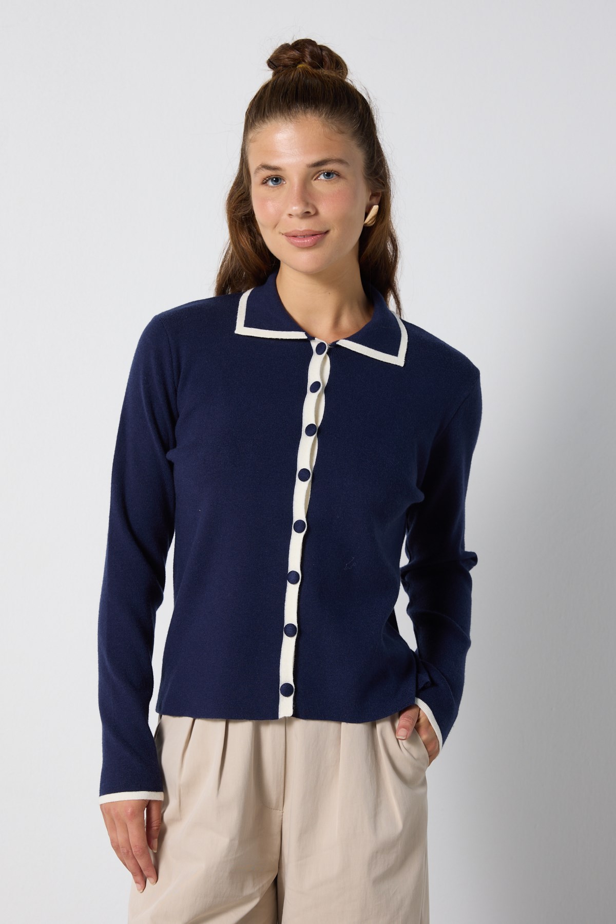 Kadın Lacivert Premium Regular Fit Polo Yaka Triko Hırka 7060