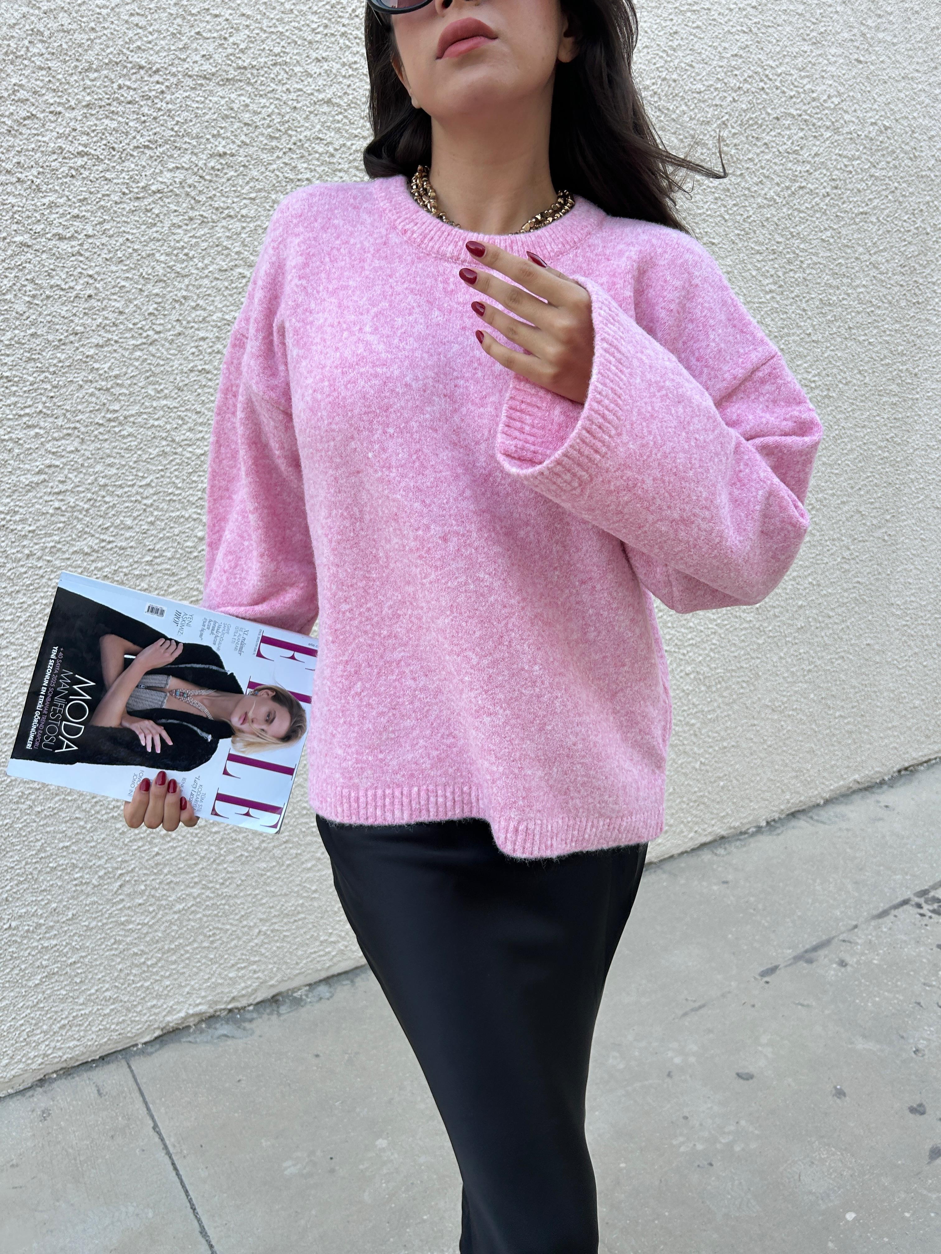 Kadın Pembe Oversize Yumoş Dokulu Kazak 7014