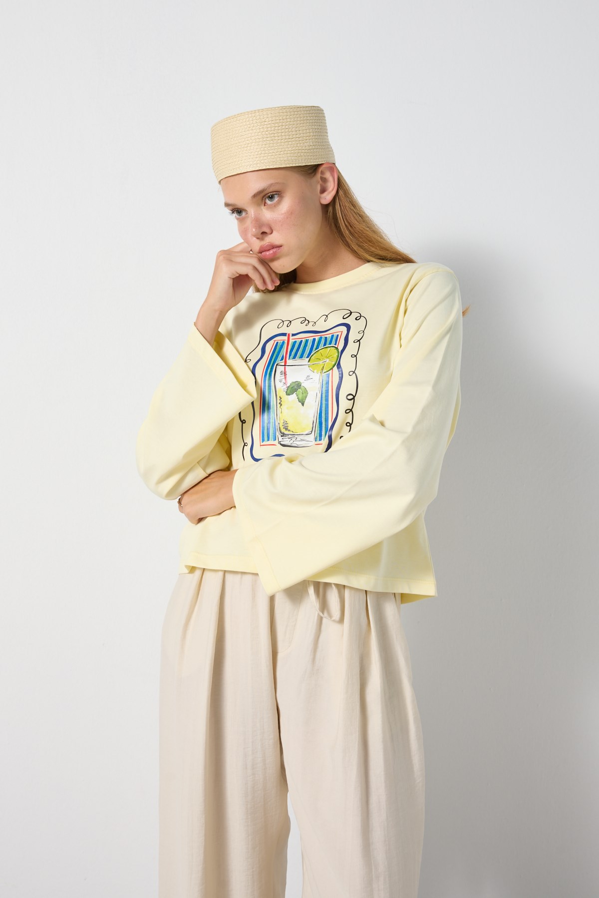 Kadın Sarı Geniş Kol Oversize Baskılı Tshirt 31212
