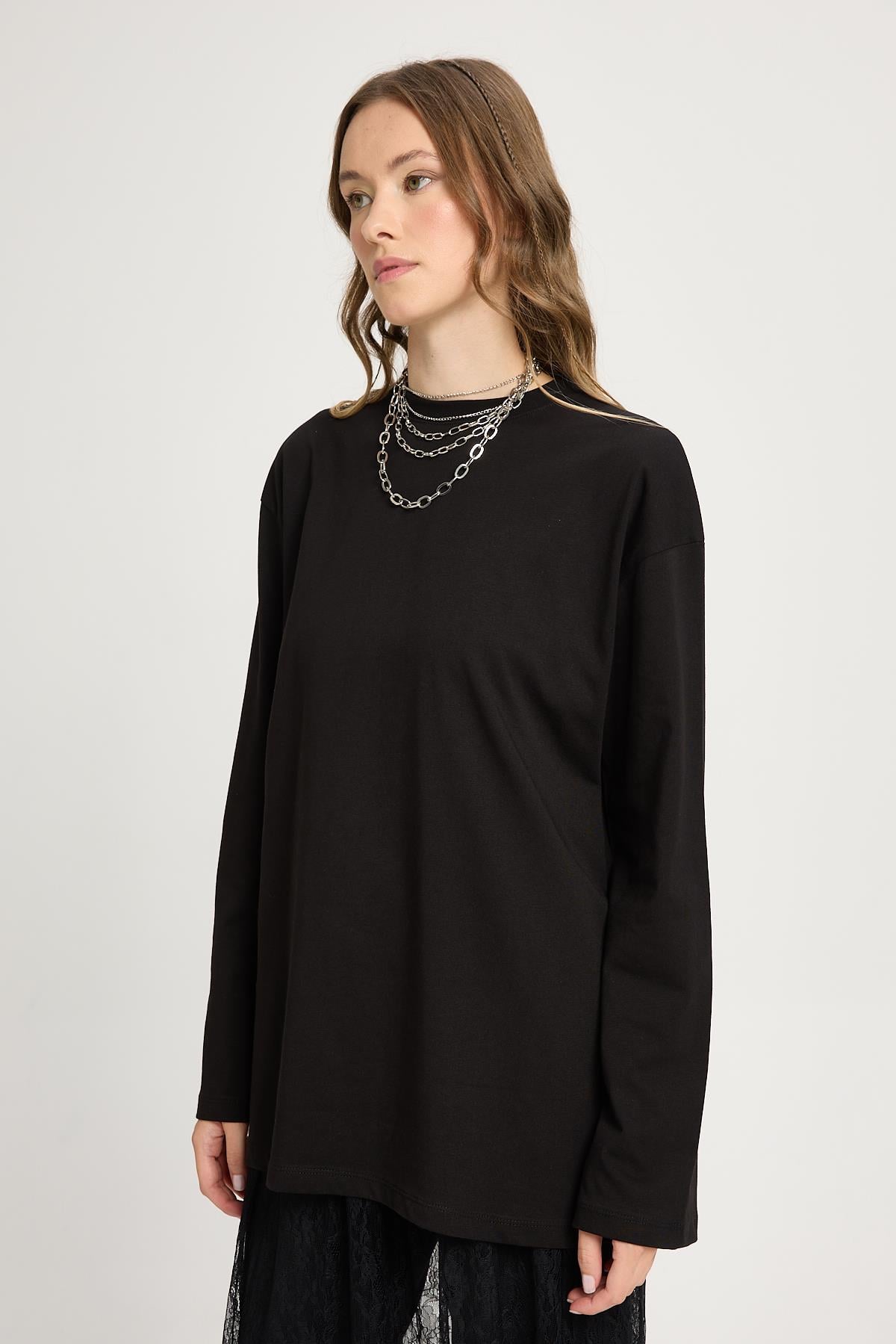 Kadın Siyah Geniş Kol Oversize Basic T-shirt
