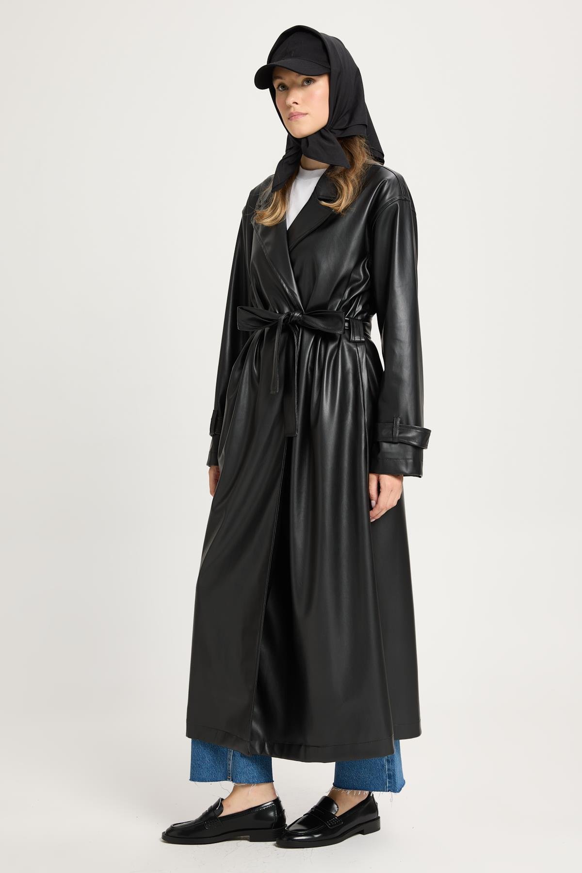 Kadın Siyah Oversize Astarsız Tam Boy Deri Trench 30022