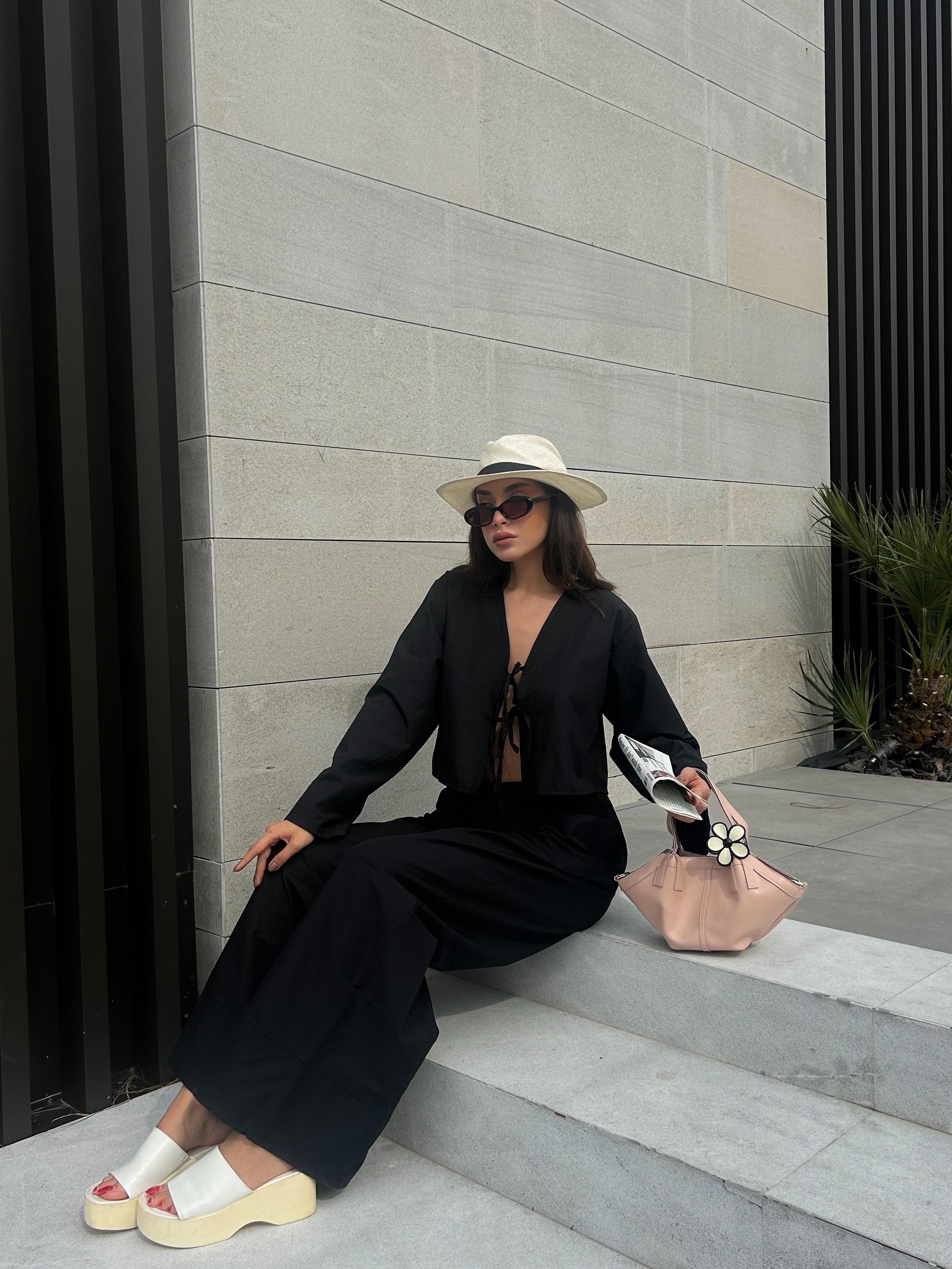 Kadın Siyah Poplin Kumaş Beli Lastikli Cepli Pantolon 29083