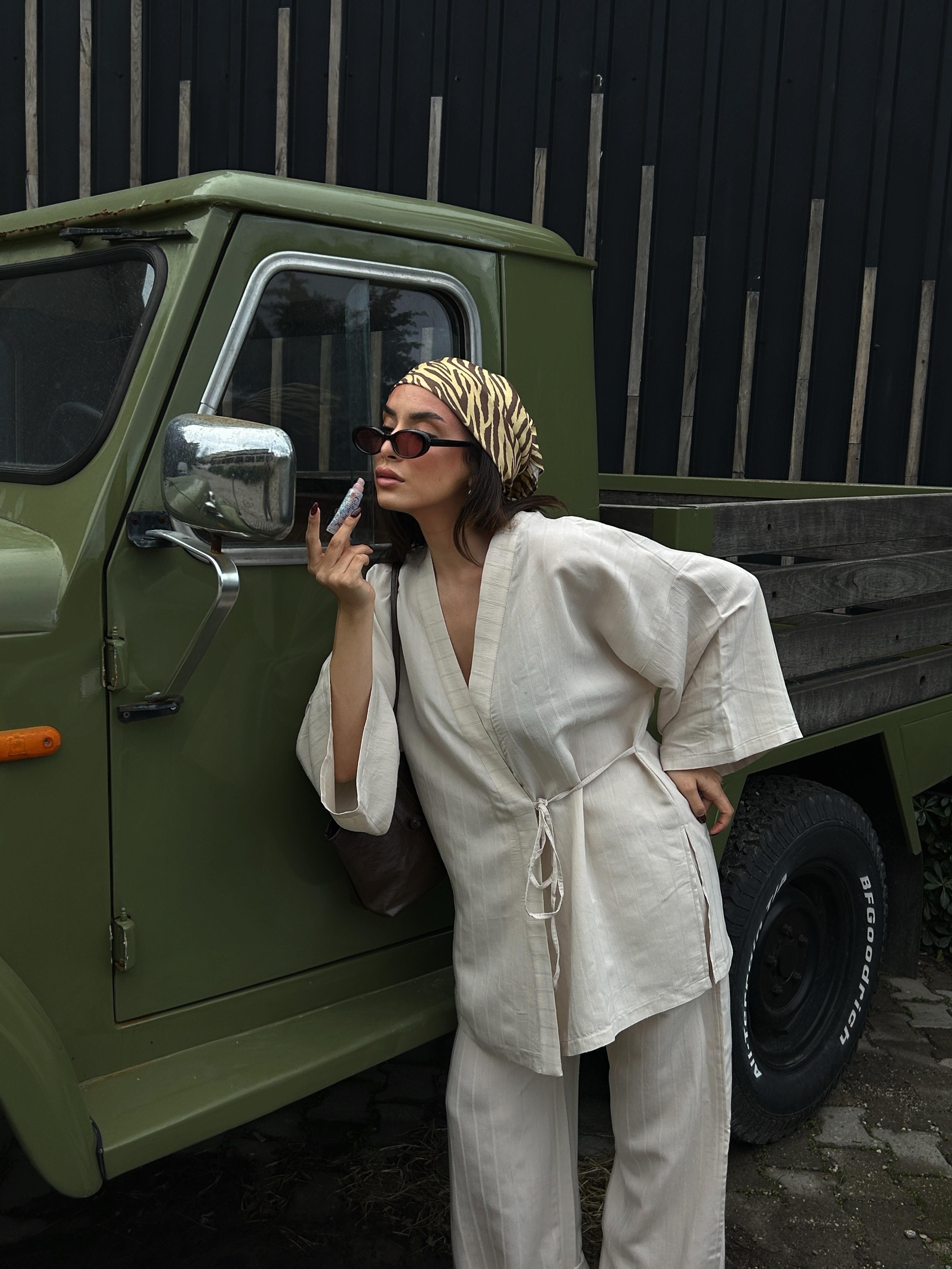 Kadın Taş Kendinden Desenli %100 Modal Alt/Üst Kimono Takım 29065