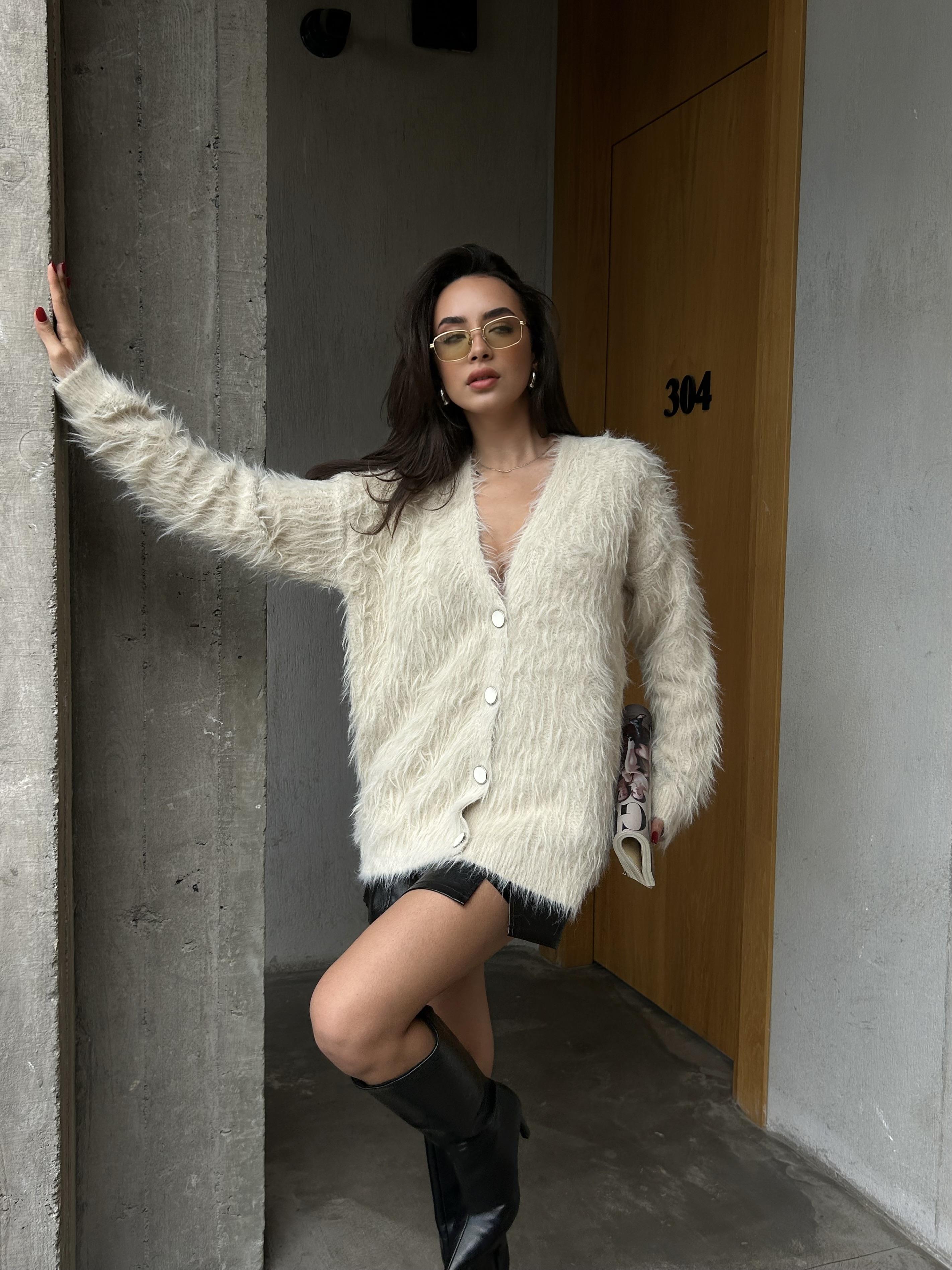 Kadın Taş Peluş Oversize Triko Hırka 91