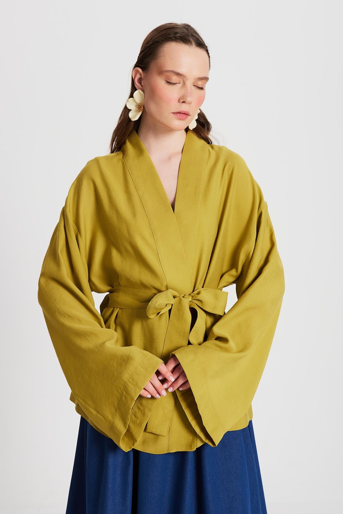 Kadın Yağ Yeşili Oversize %100 Modal Bağlamalı Kimono Ceket 29146