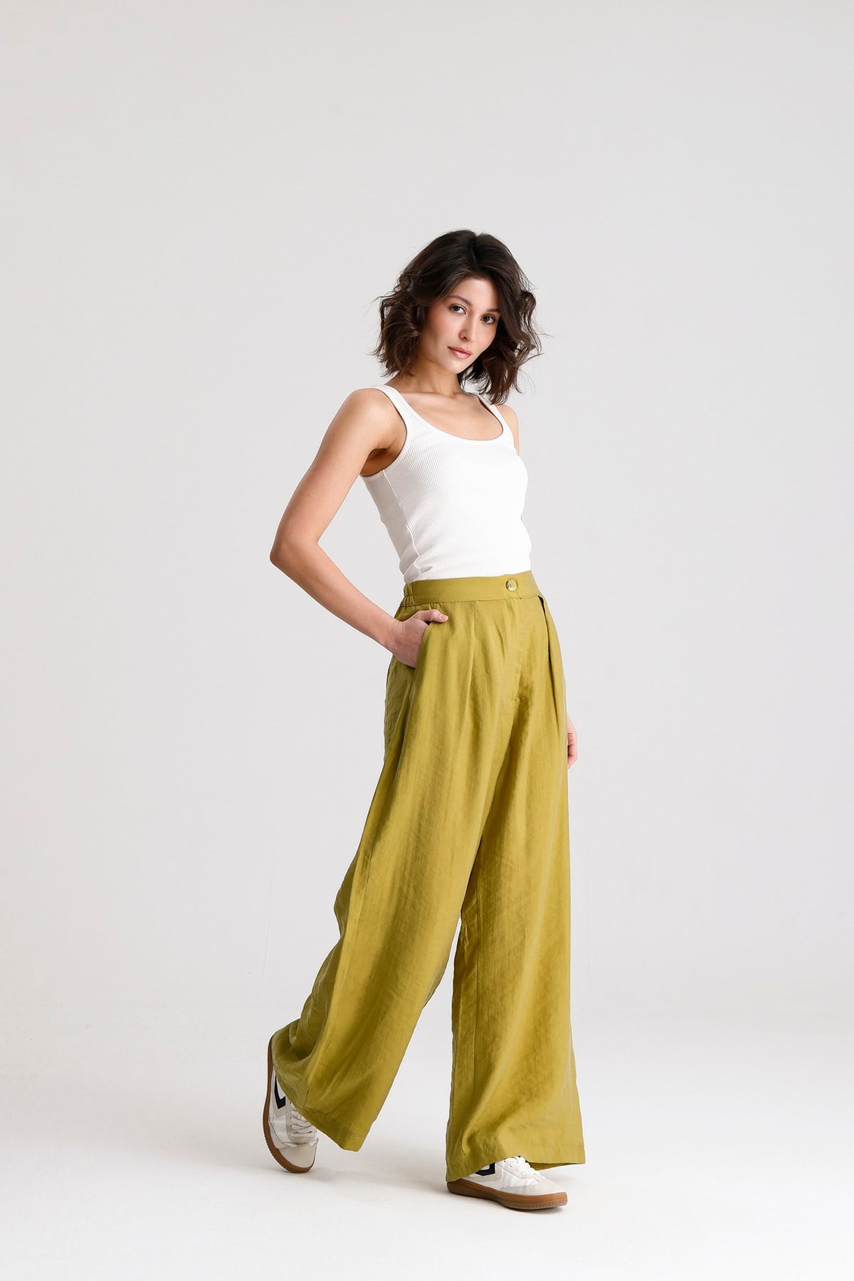 Kadın Yağ Yeşili Premium Tensel Kumaş Palazzo Pantalon 31074