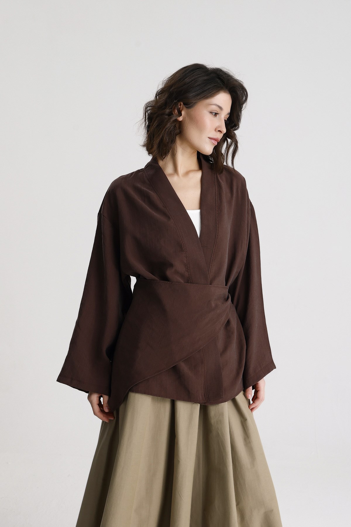 Kahverengi Tensel Kumaş Premium Kruvaze Kapama Kimono 31073