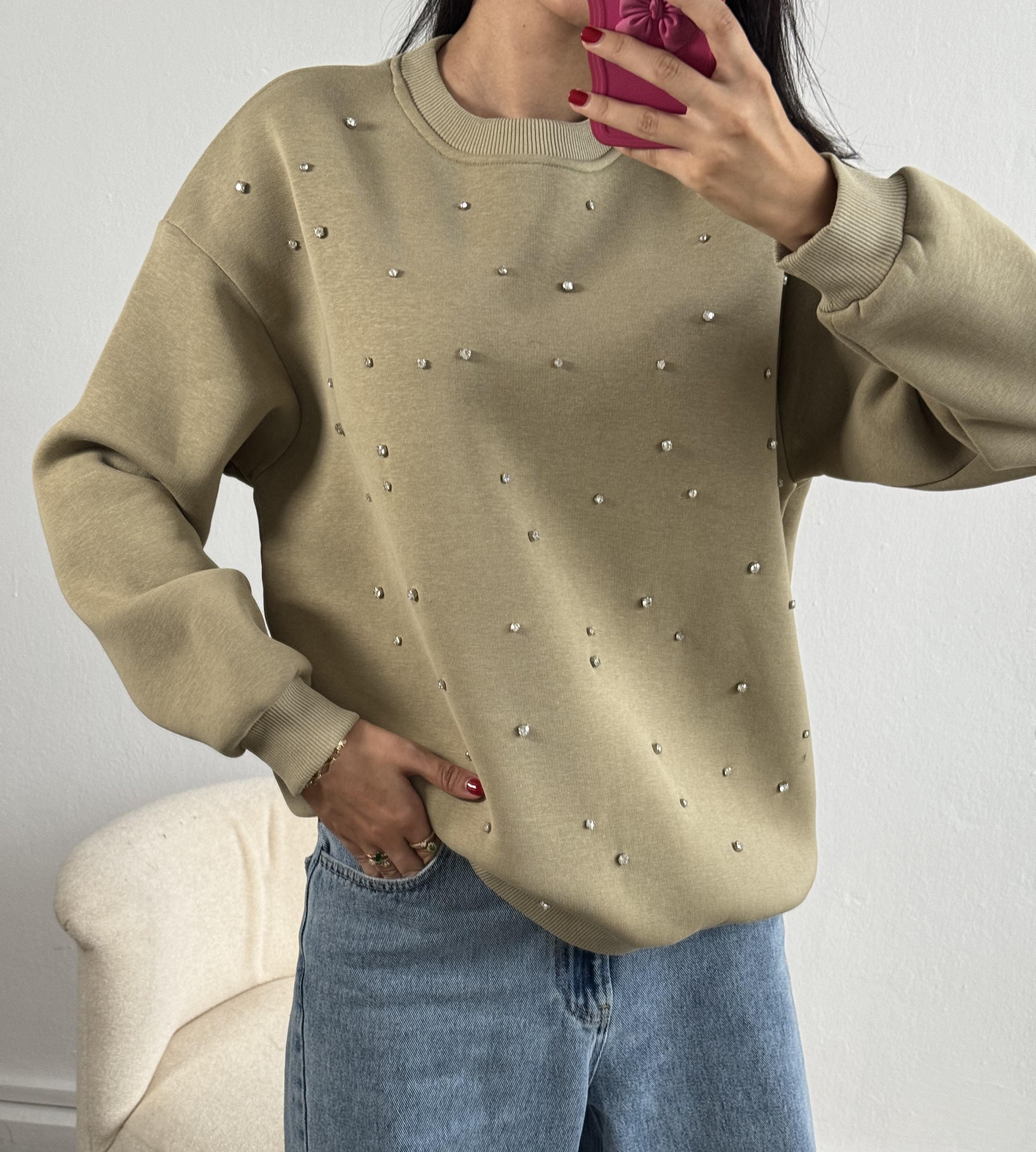 Küf Yeşili Taş Işlemeli Oversize Sweatshirt 26202