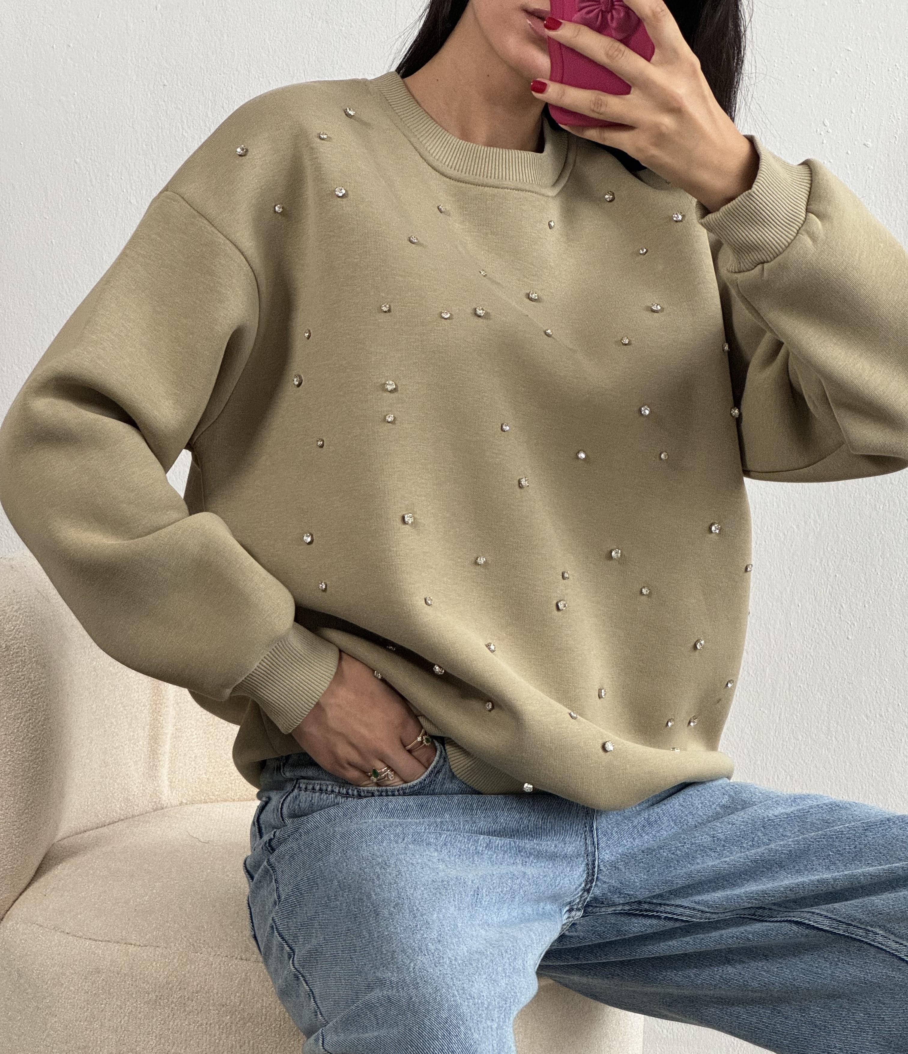 Küf Yeşili Taş Işlemeli Oversize Sweatshirt 26202