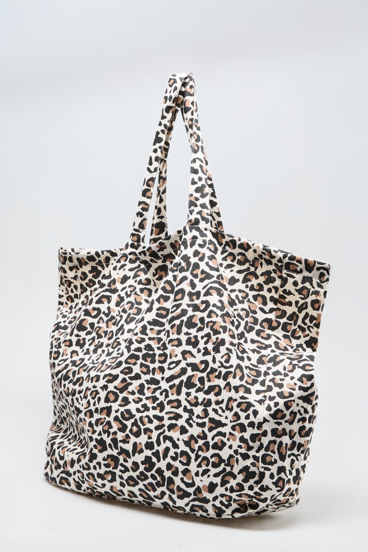 Leopar Desenli Oversize Kanvas Bez Çanta 