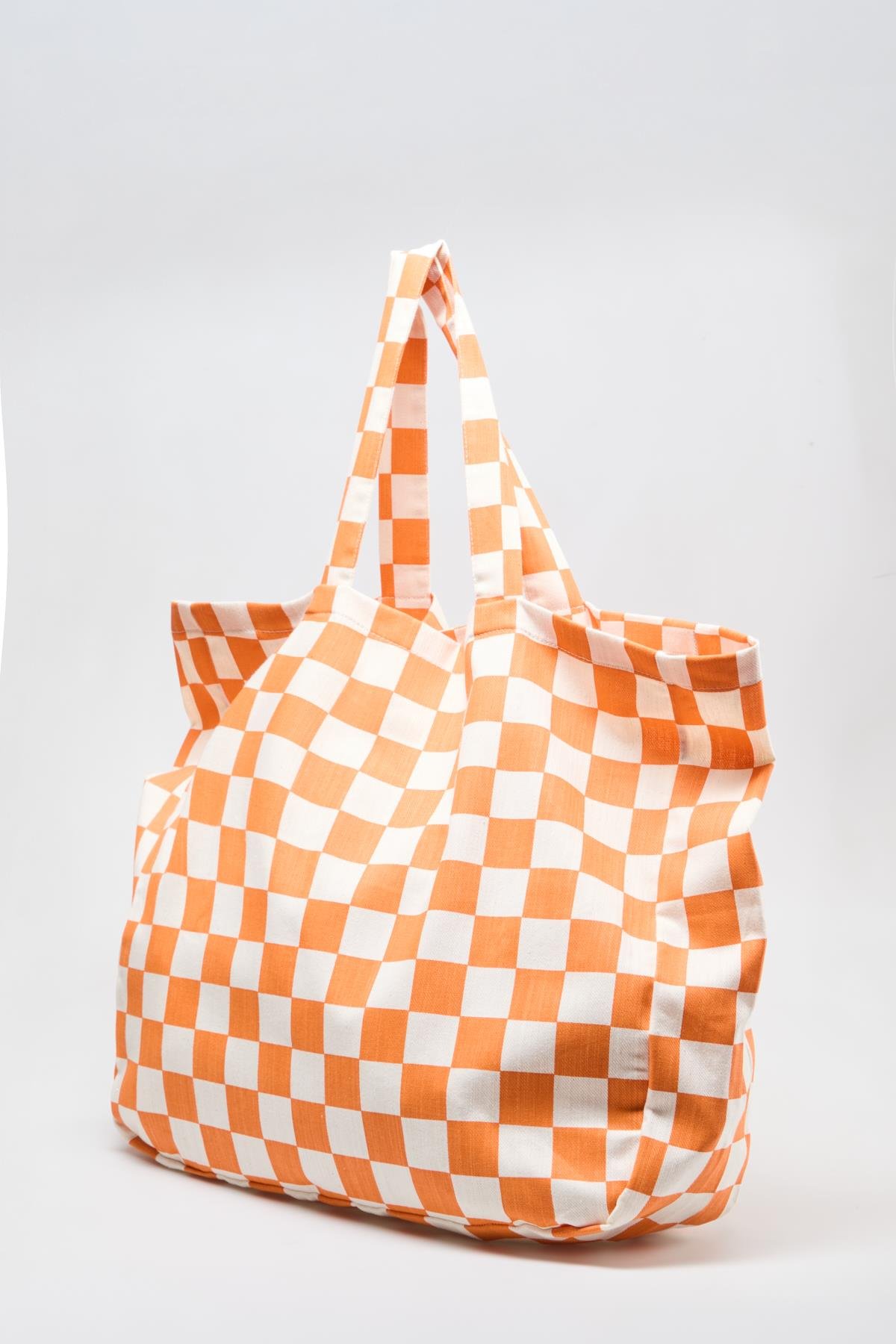 Oranj Dama Desenli Oversize Kanvas Bez Çanta