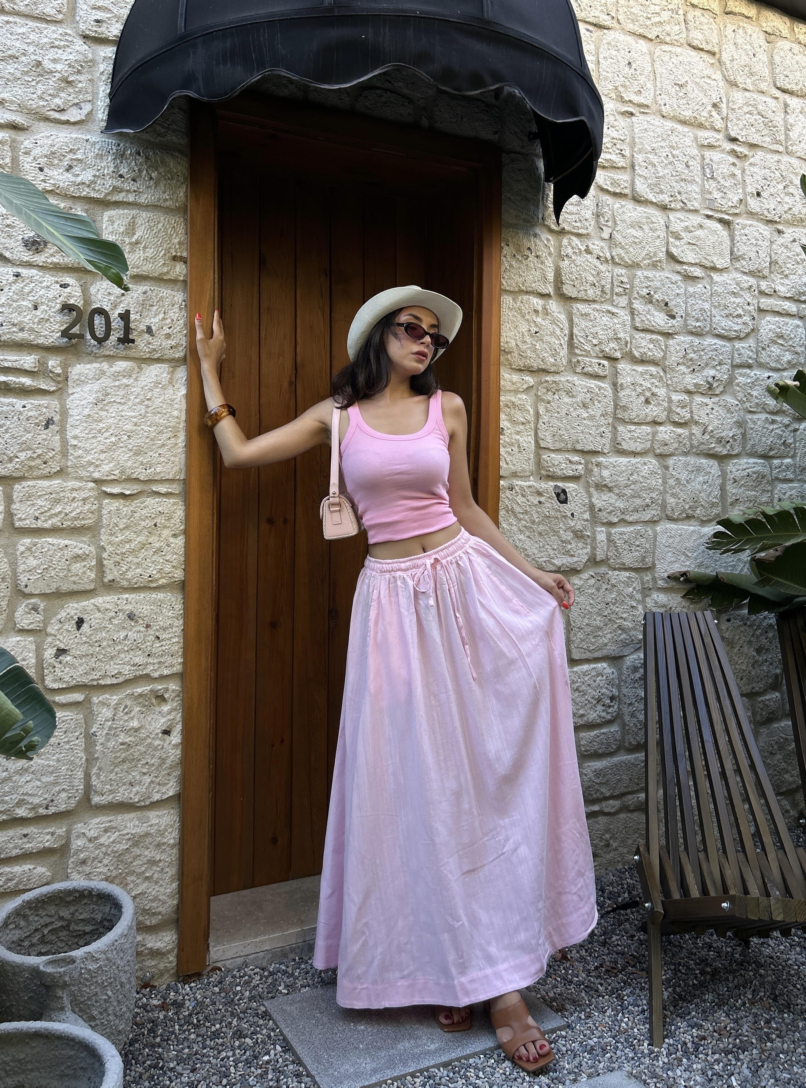 Pembe %100 Organik Lastikli İp Detaylı Uzun Etek 29266