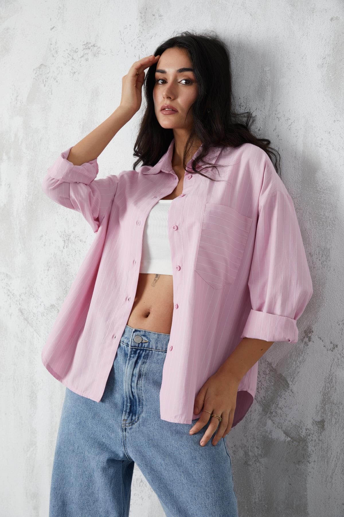 Pembe Basic Geniş Kesim Çizgili Gömlek 27075 Pembe Basic Geniş Kesim Çizgili Gömlek 27075