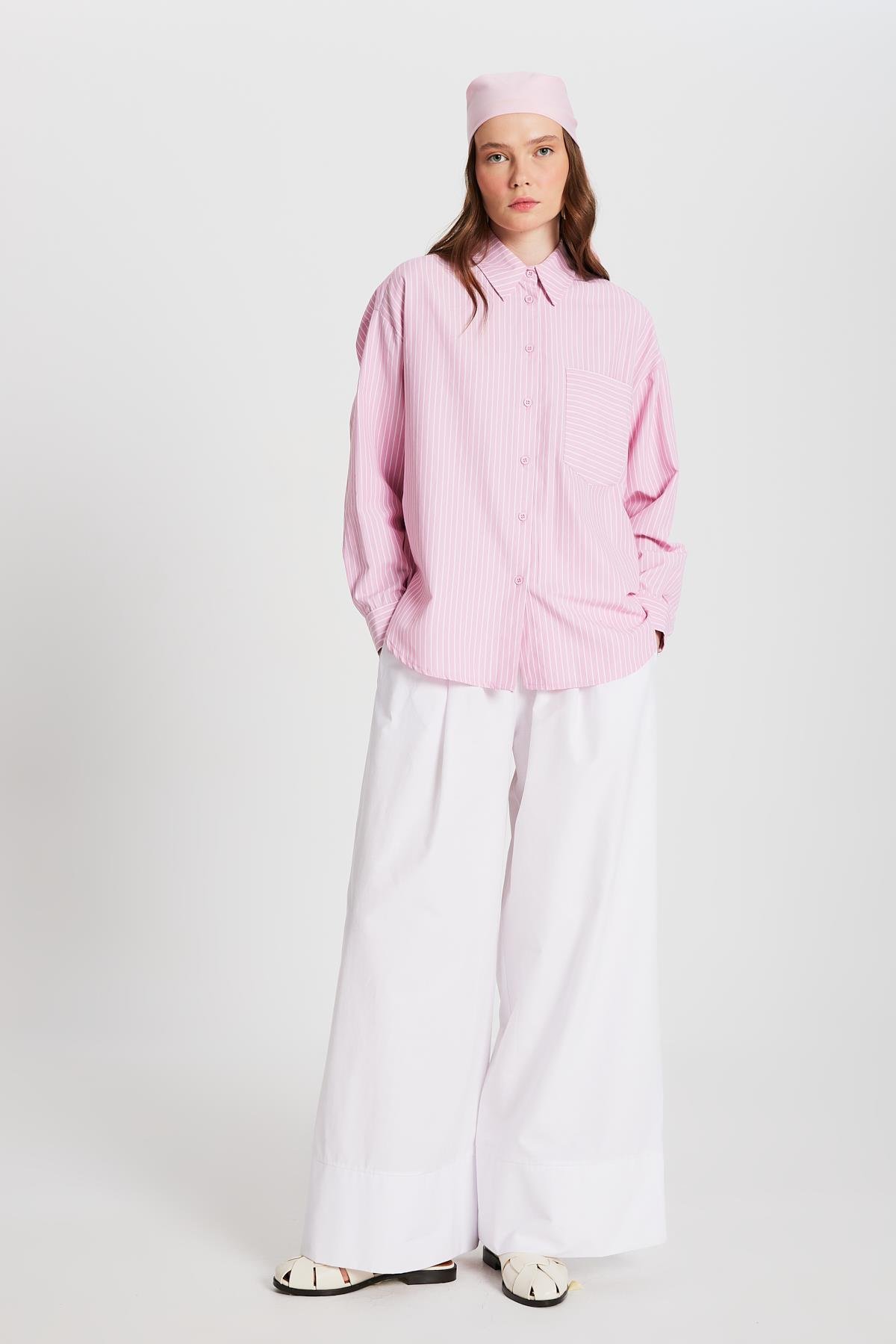 Pembe Beyaz Çizgili Oversize Cepli Gömlek 27135