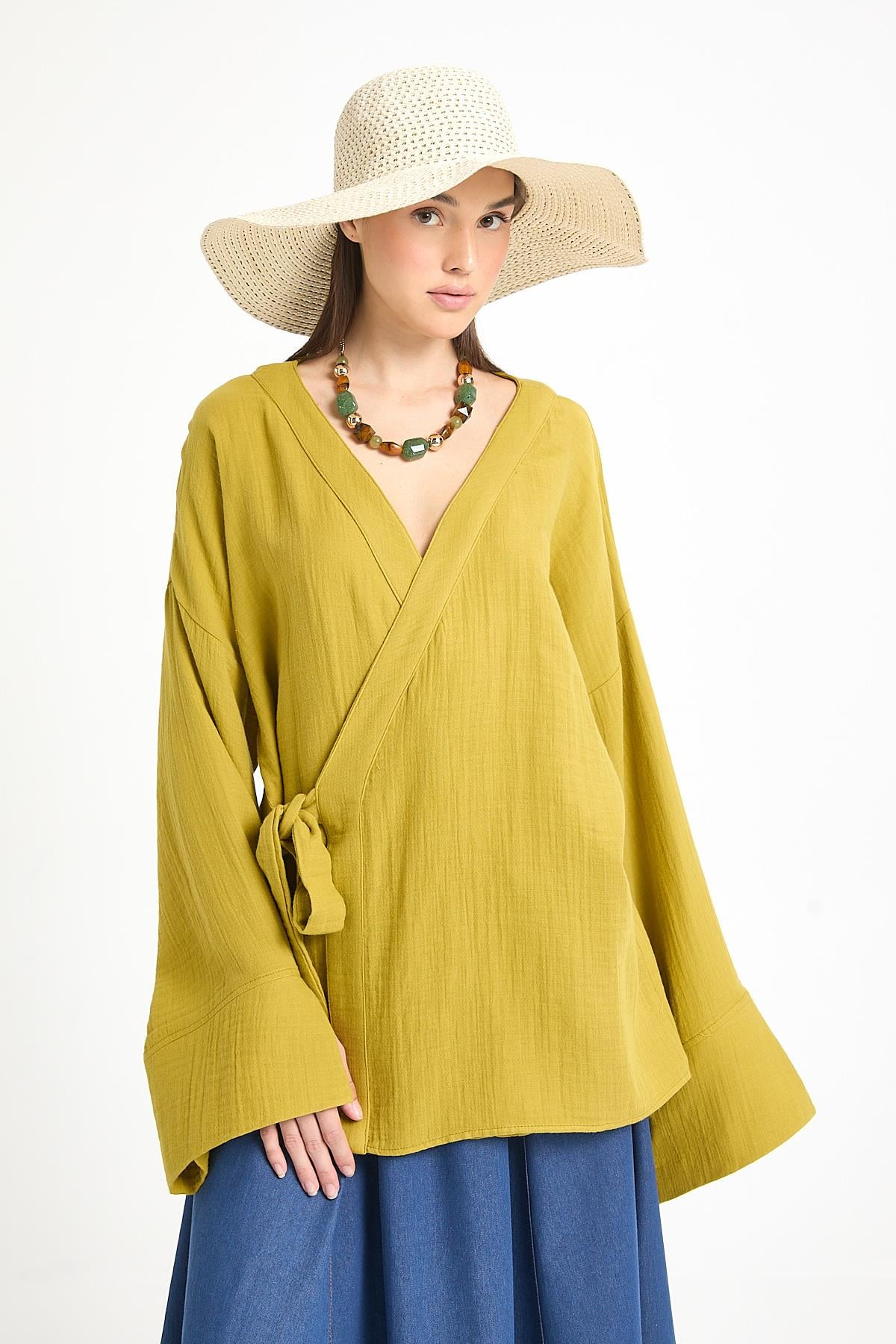 Yağ Yeşili Oversize Müslin Kimono 29219