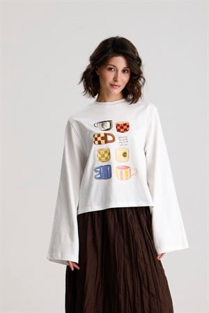 Kadın Ekru Geniş Kol Oversize Baskılı t-shirt 31101
