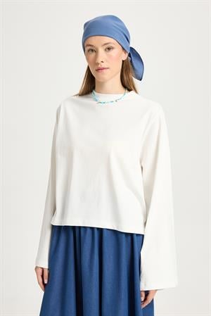 Kadın Ekru Geniş Kol Oversize Kısa Basic T-shirt 30059